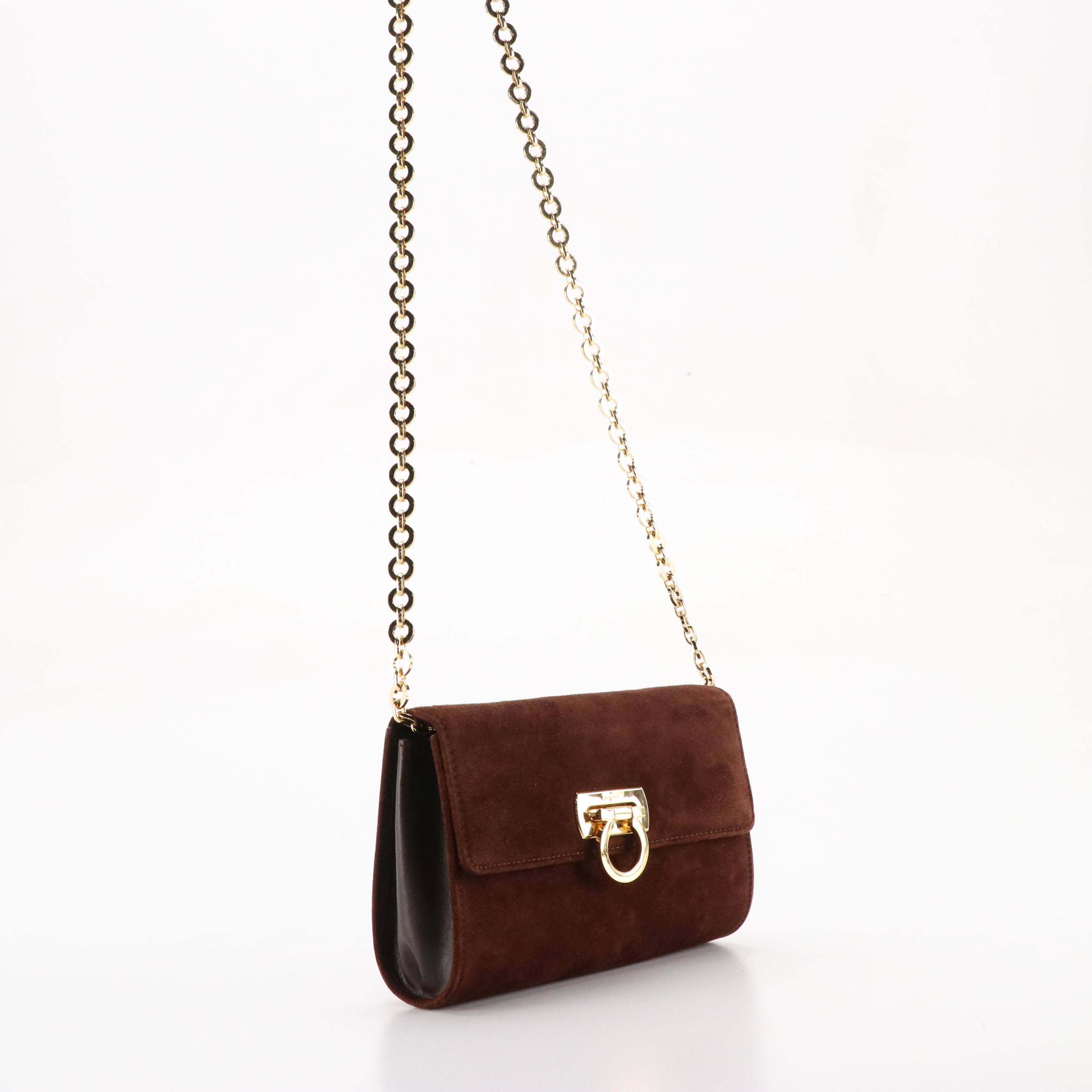 Salvatore Ferragamo Gancini Flap Small Crossbody Bag in Brown Suede and Leather