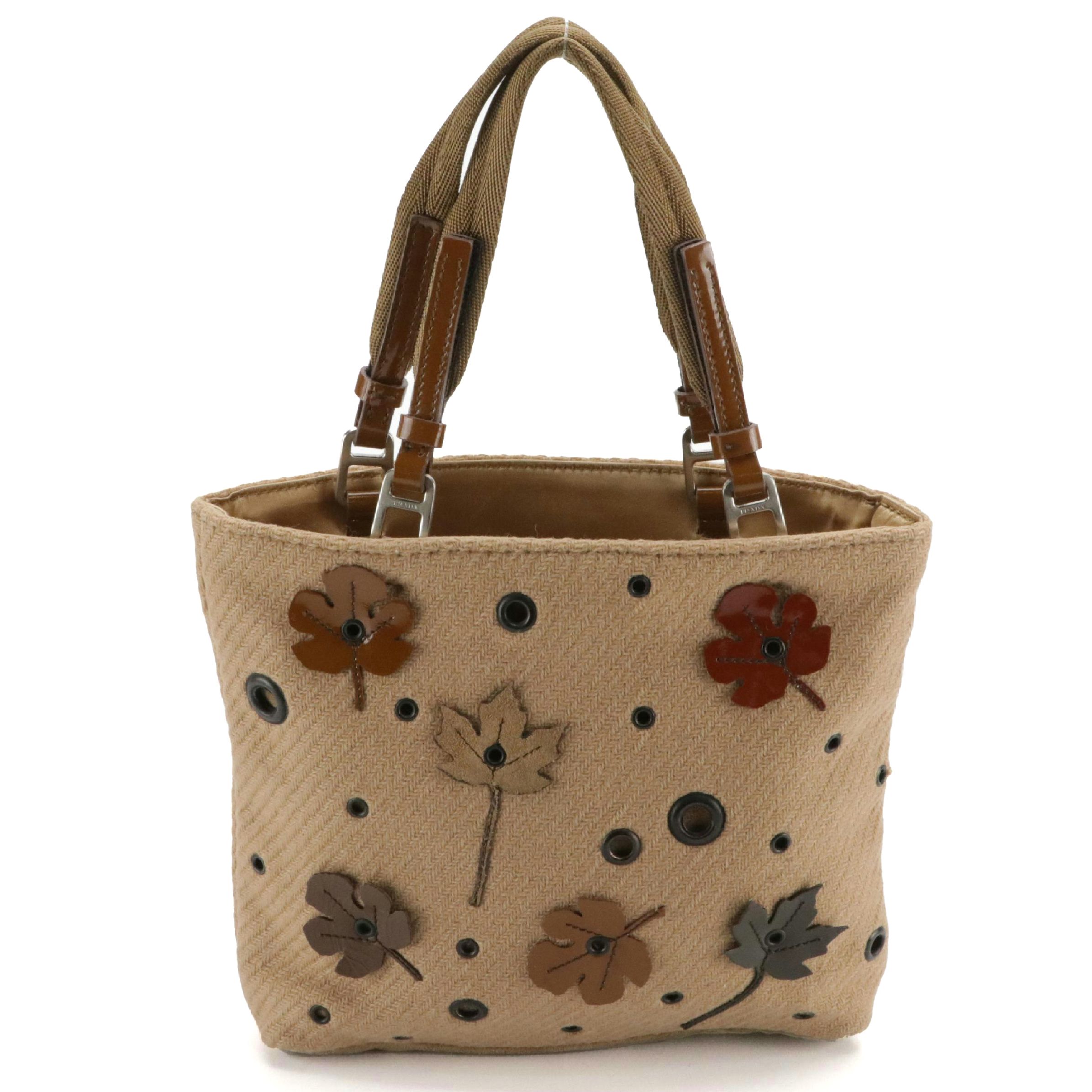 Prada Mini Tote in Beige Wool with Leather Leaf Appliqué and Grommets Details