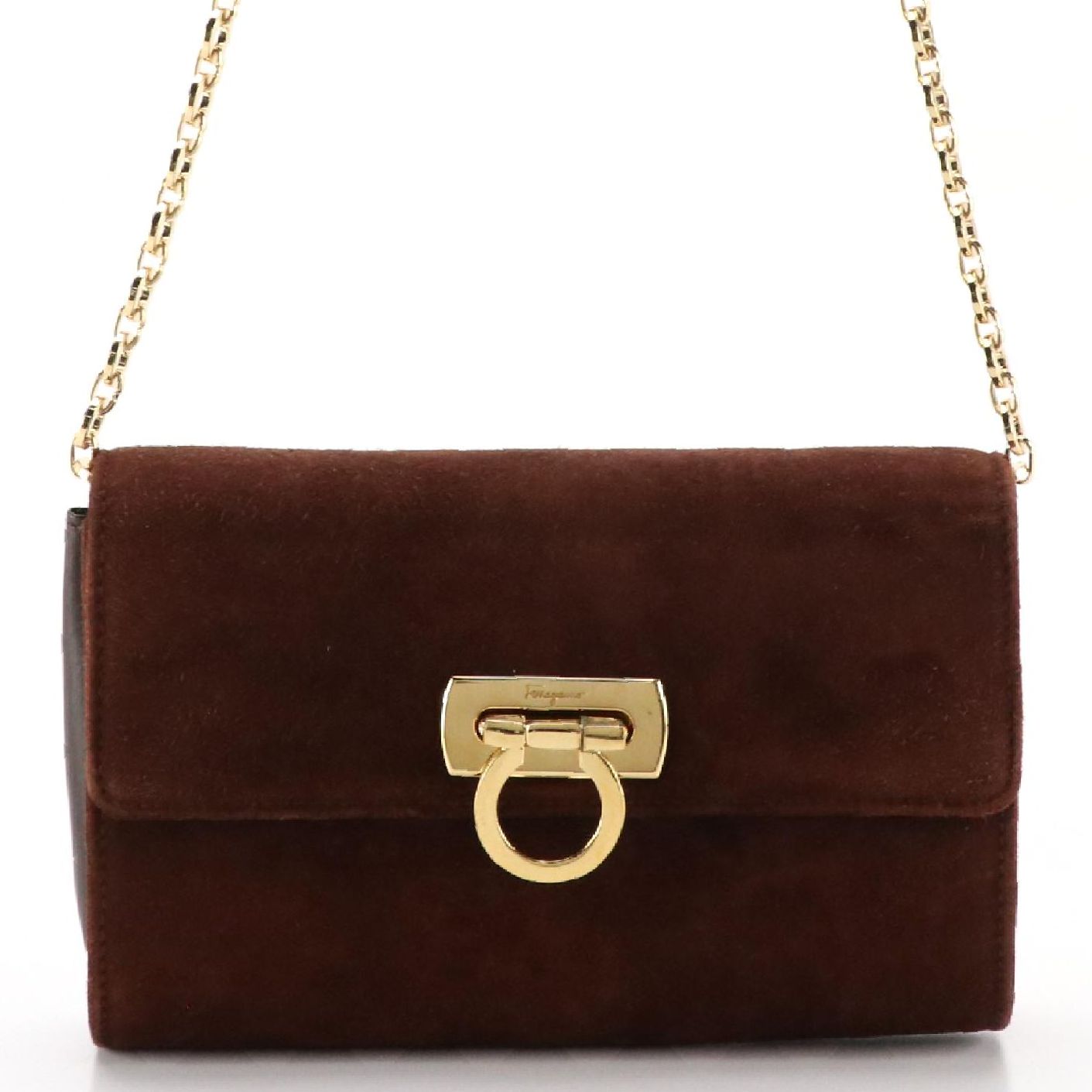 Salvatore Ferragamo Gancini Flap Small Crossbody Bag in Brown Suede and Leather