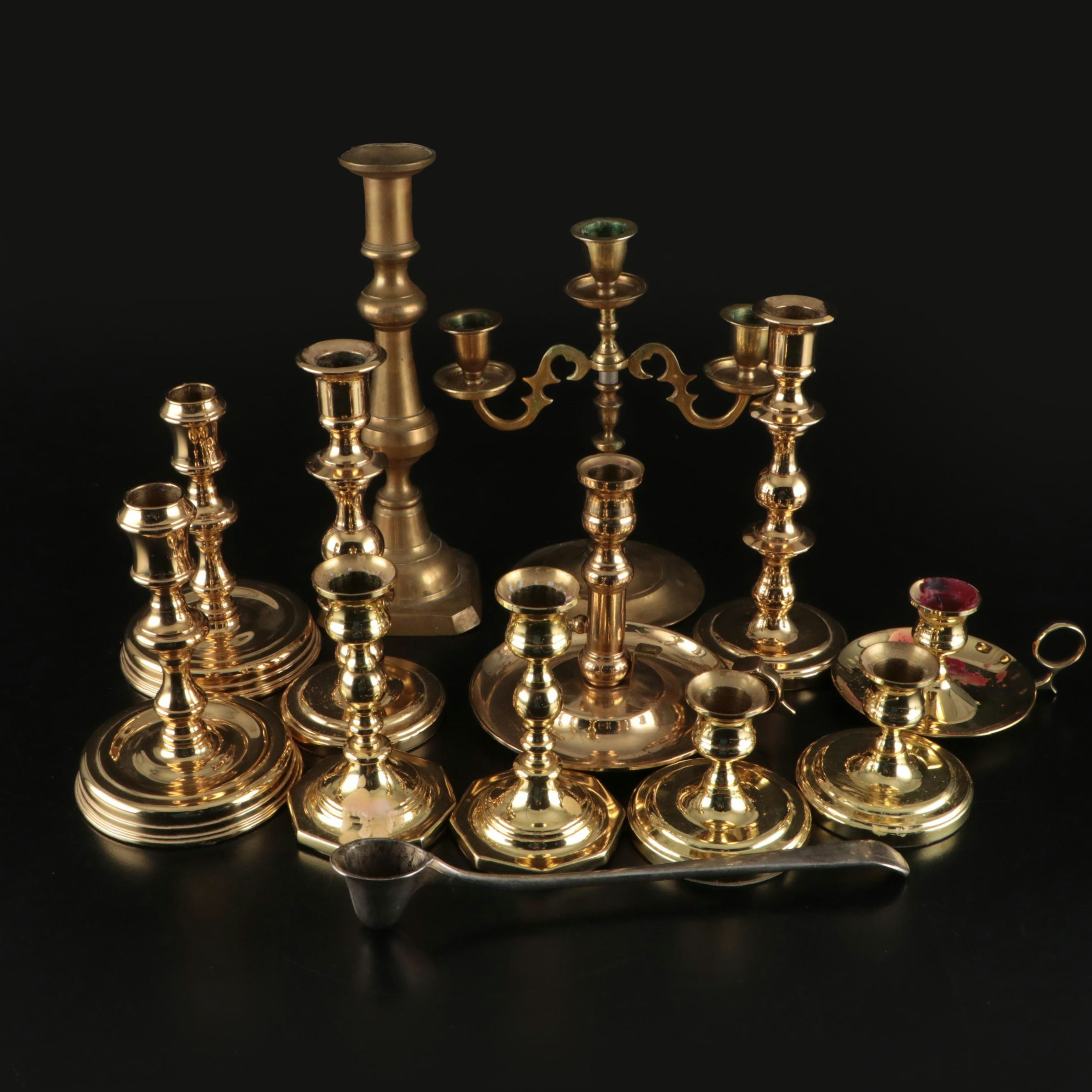 Baldwin Brass Candlesticks with Other Brass Candle Holders and Metal Snuffer