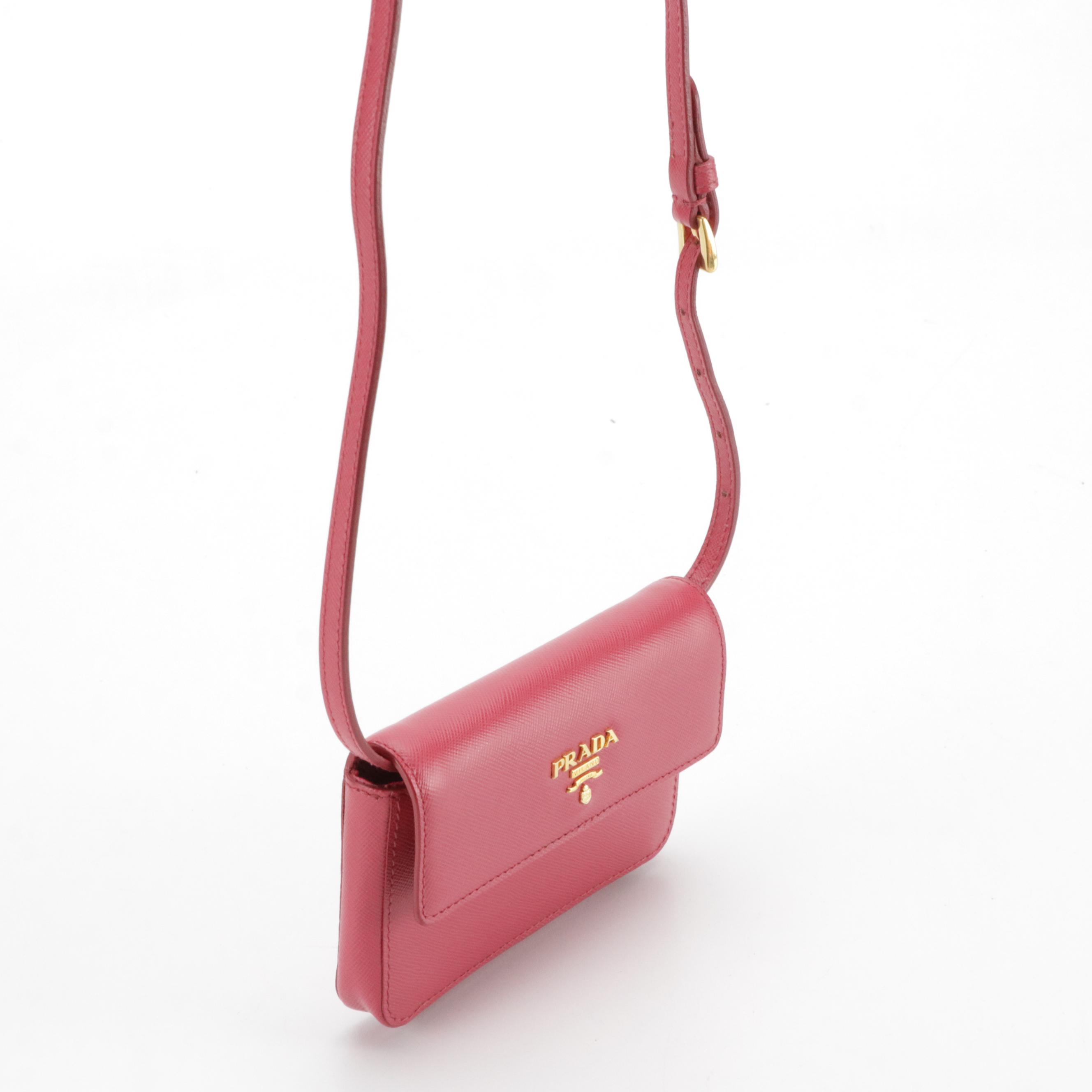 Prada Convertible Mini Flap Wallet/Card Pouch in Dark Pink Saffiano Leather