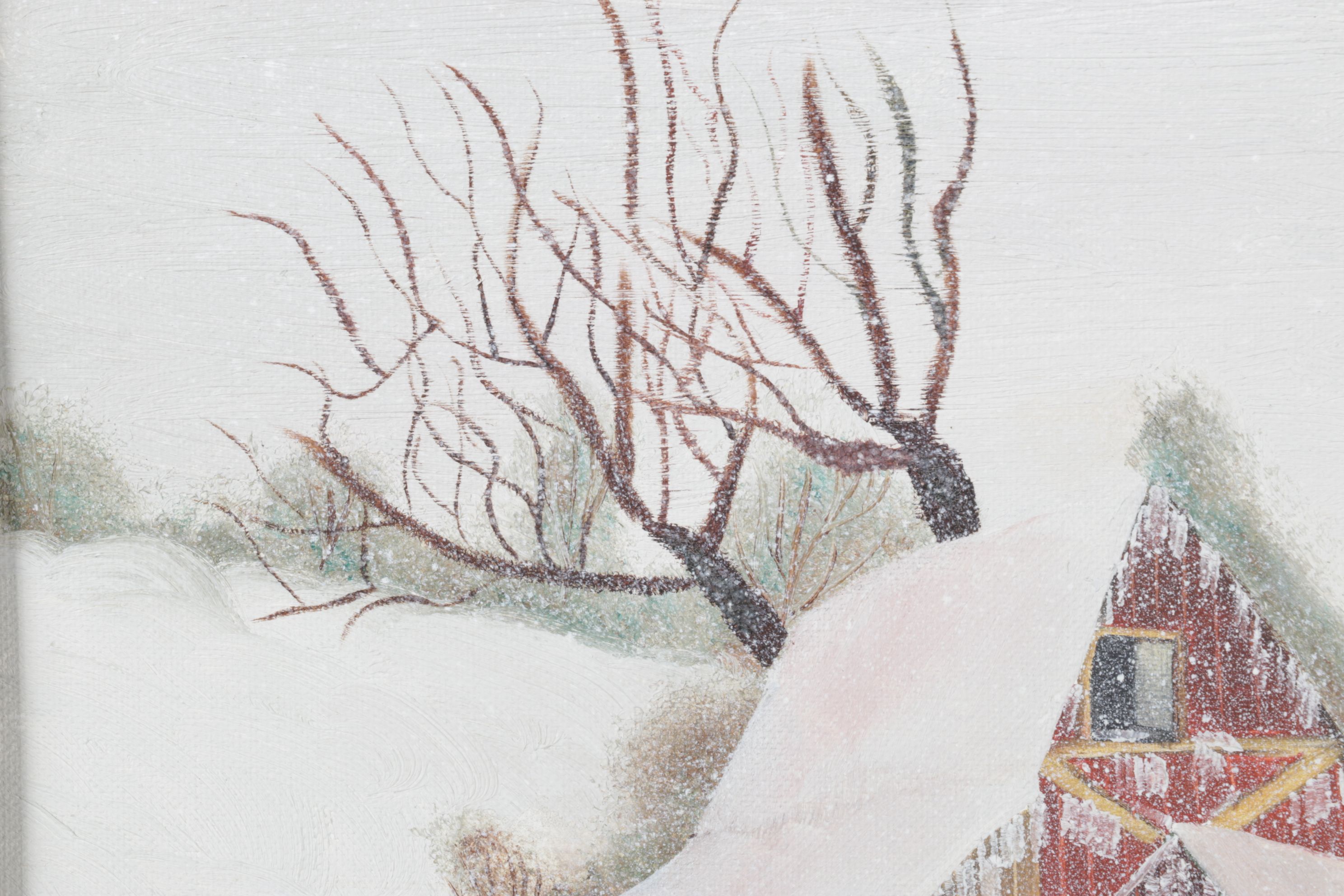 Deb Groman Snow-Capped Hilltop Landscape Oil Painting with a Barn Facade, 1977