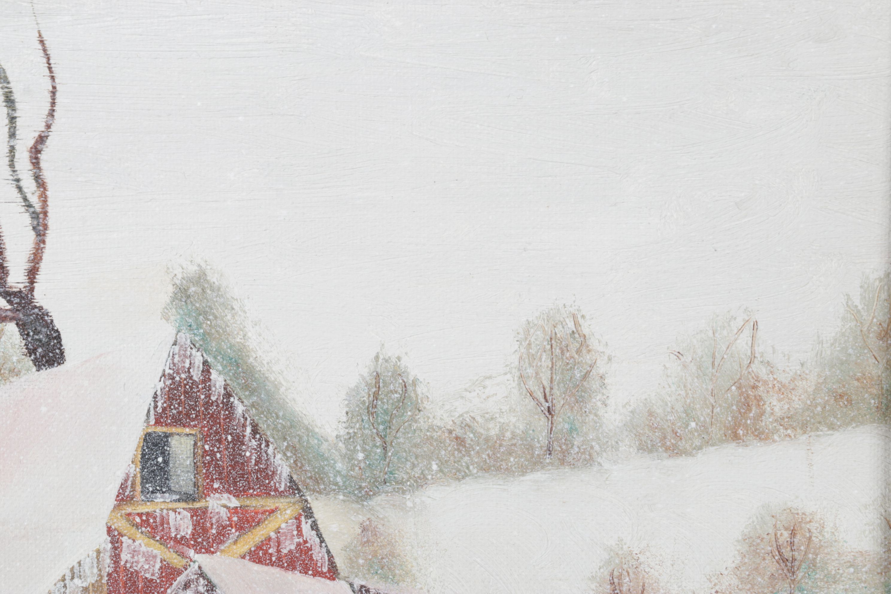 Deb Groman Snow-Capped Hilltop Landscape Oil Painting with a Barn Facade, 1977