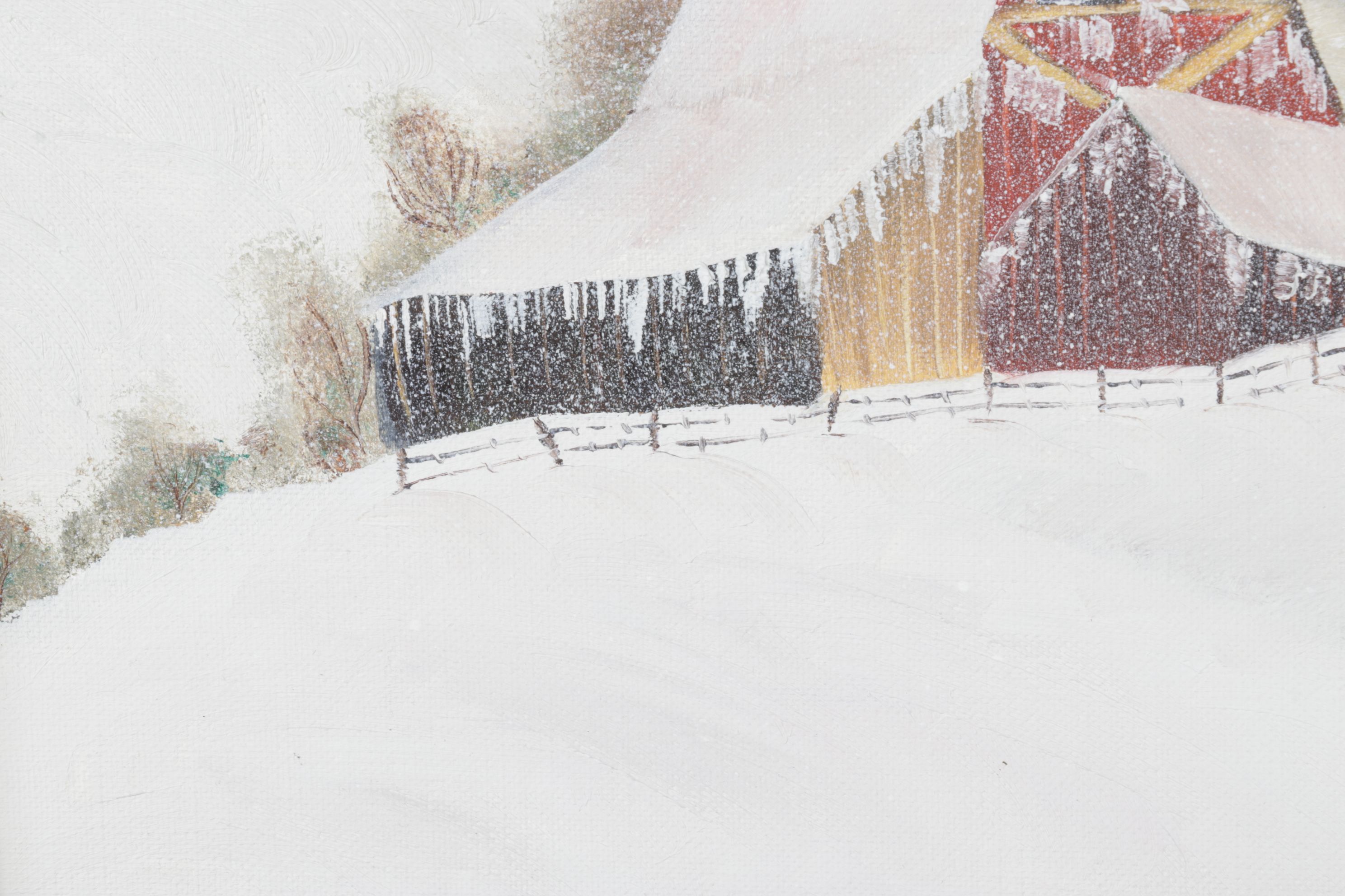 Deb Groman Snow-Capped Hilltop Landscape Oil Painting with a Barn Facade, 1977