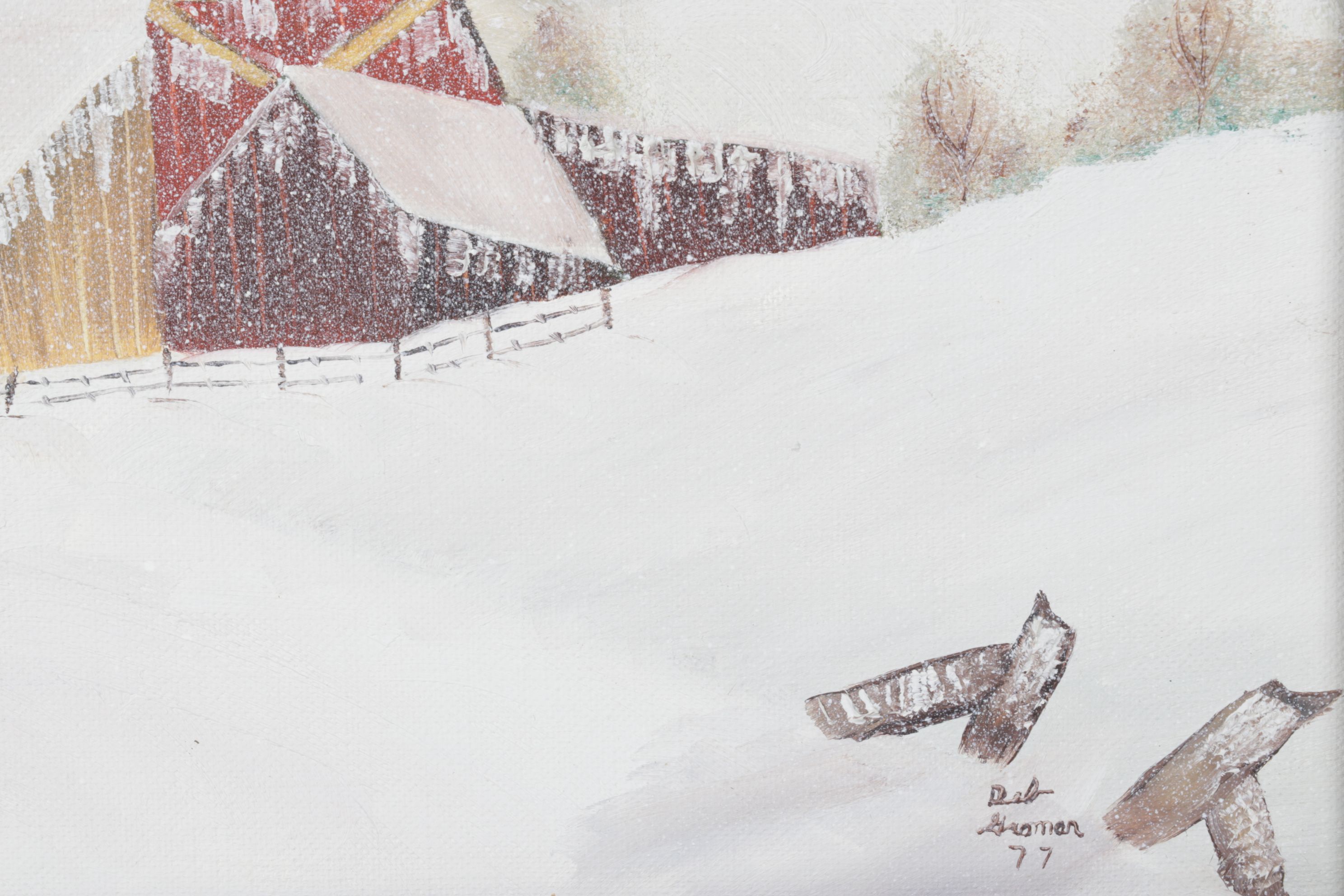 Deb Groman Snow-Capped Hilltop Landscape Oil Painting with a Barn Facade, 1977