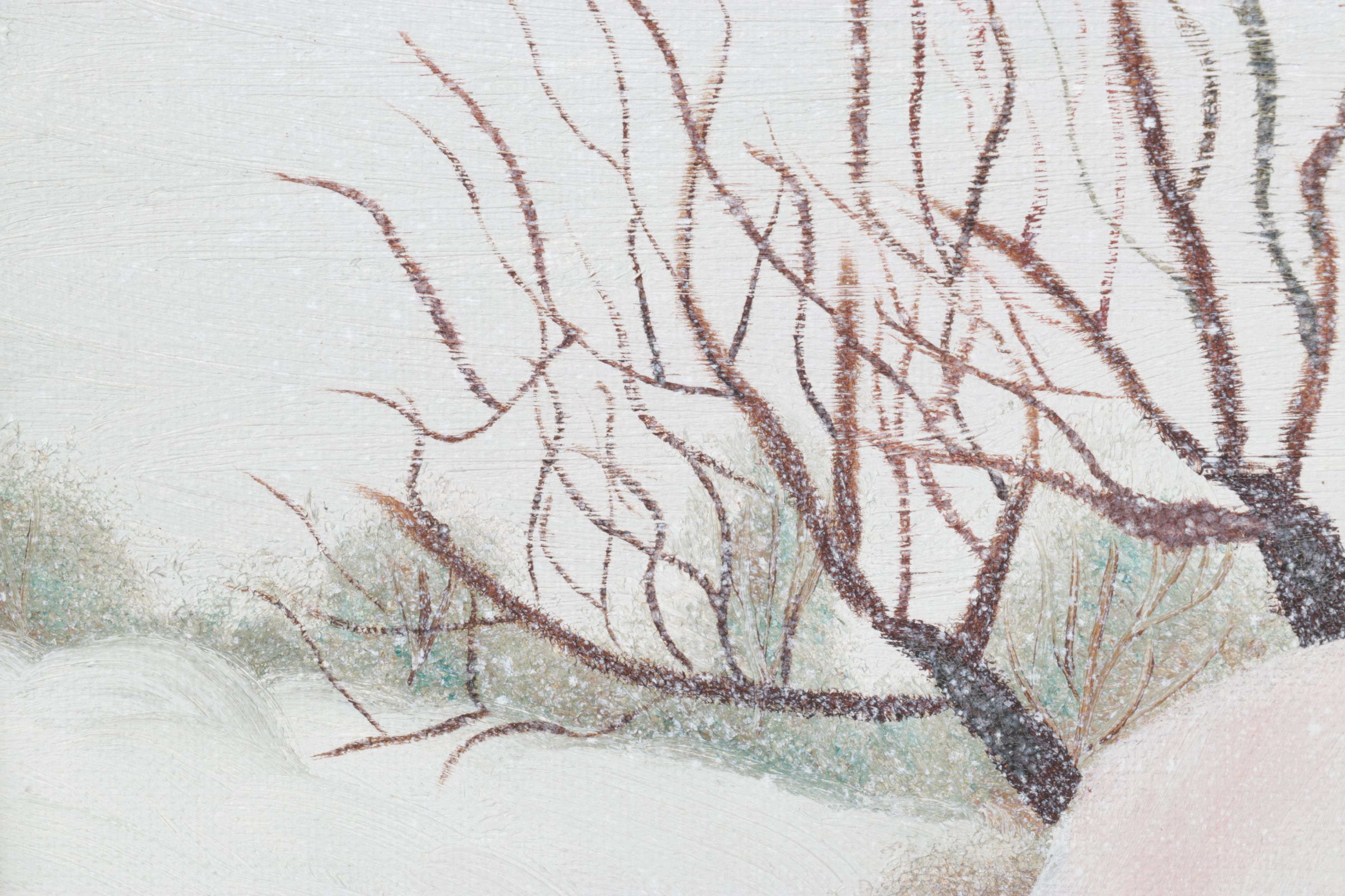 Deb Groman Snow-Capped Hilltop Landscape Oil Painting with a Barn Facade, 1977