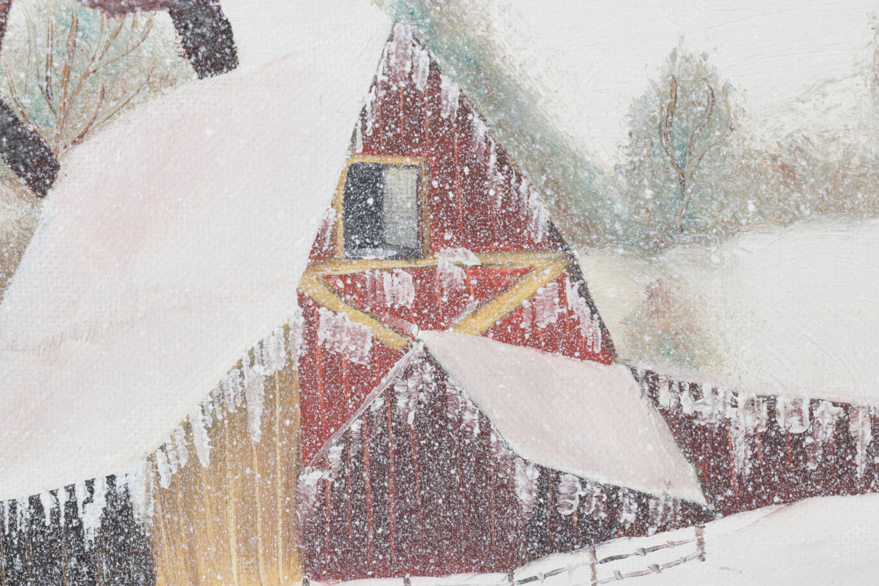 Deb Groman Snow-Capped Hilltop Landscape Oil Painting with a Barn Facade, 1977