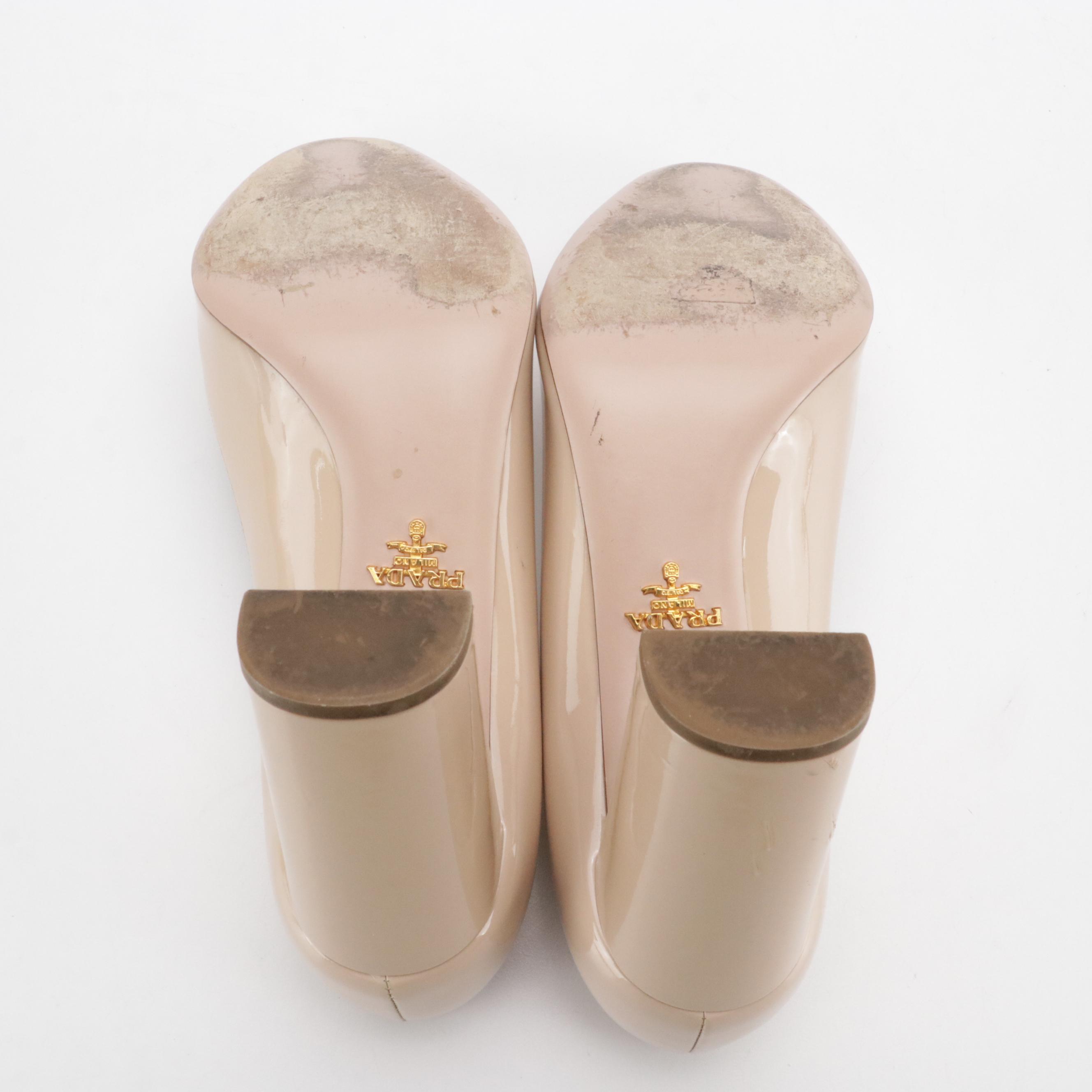 Prada Block Heel Pumps in Nude Patent Leather