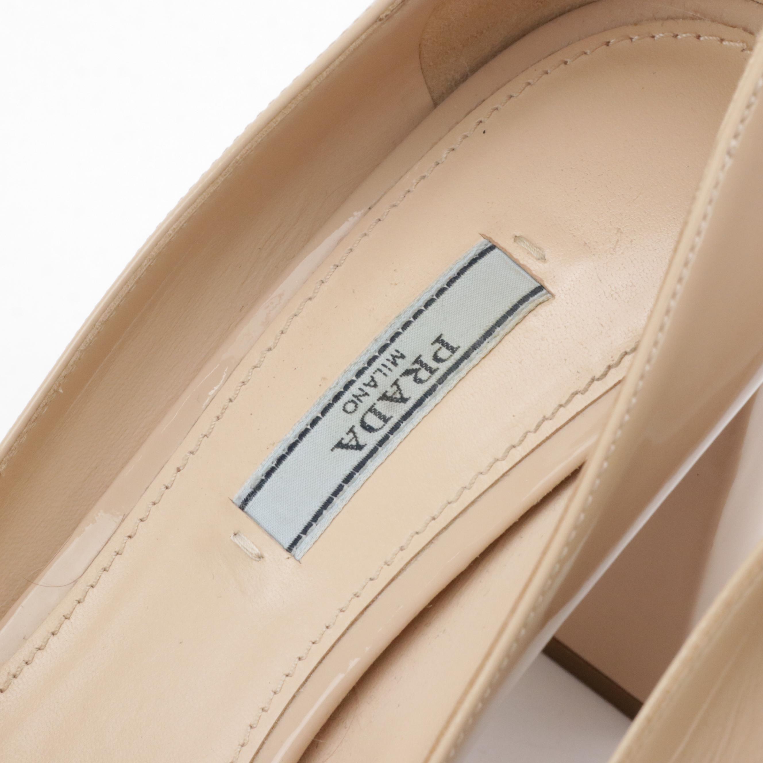 Prada Block Heel Pumps in Nude Patent Leather