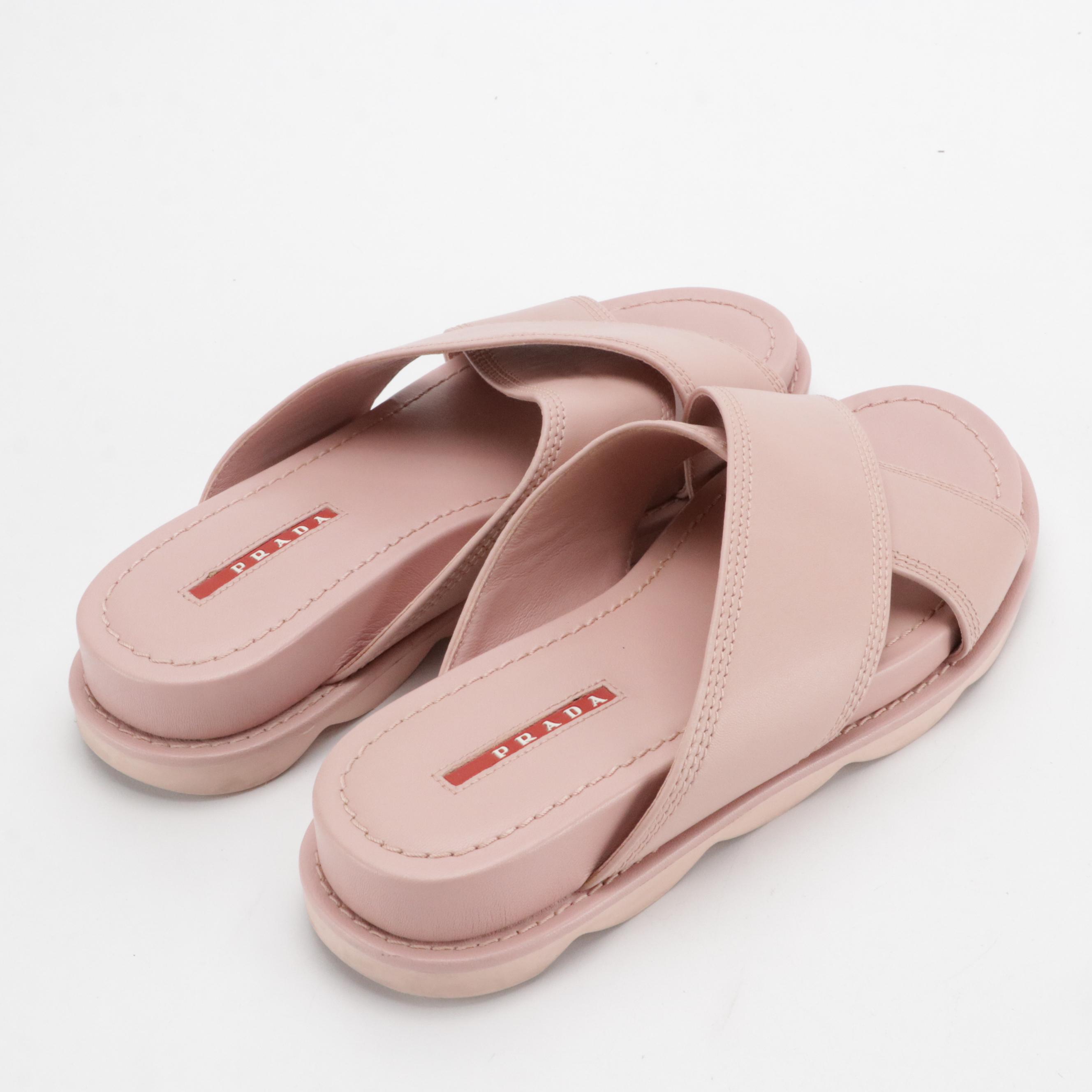 Prada Blush Pink Criss Cross Calfskin Leather Slides