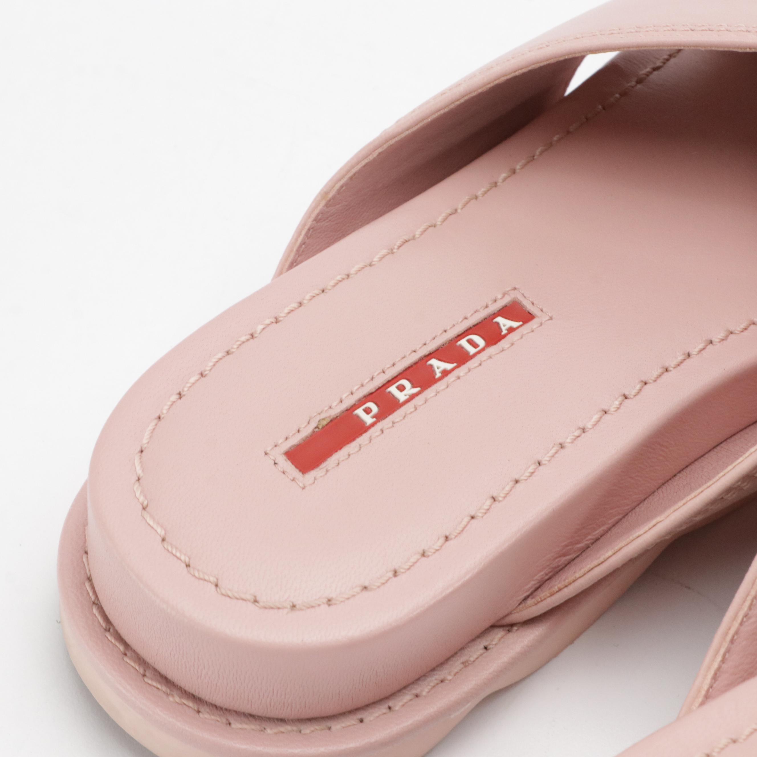 Prada Blush Pink Criss Cross Calfskin Leather Slides