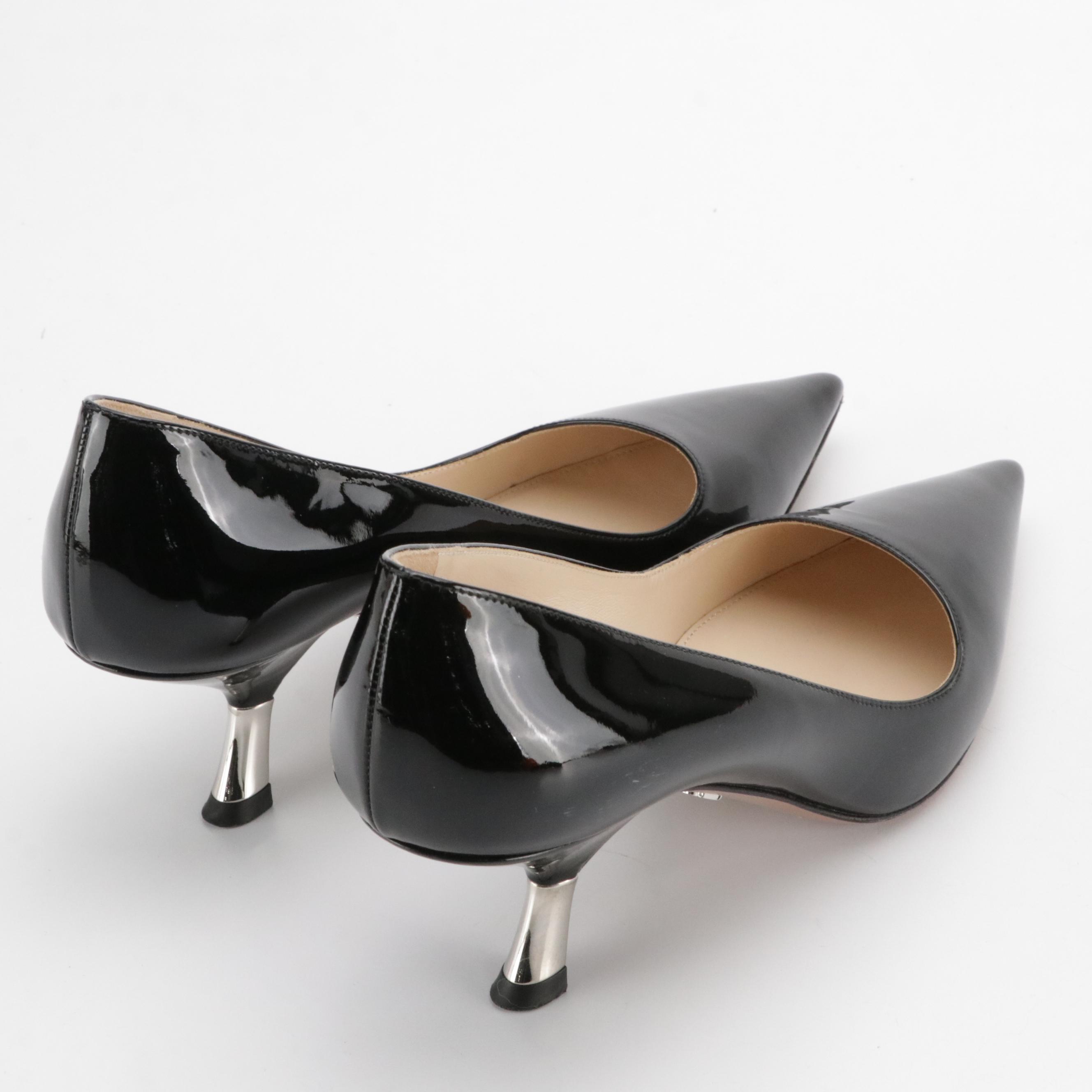 Prada Black Patent Leather Pointed Toe Pumps with Silver Sculpted Heel Detail