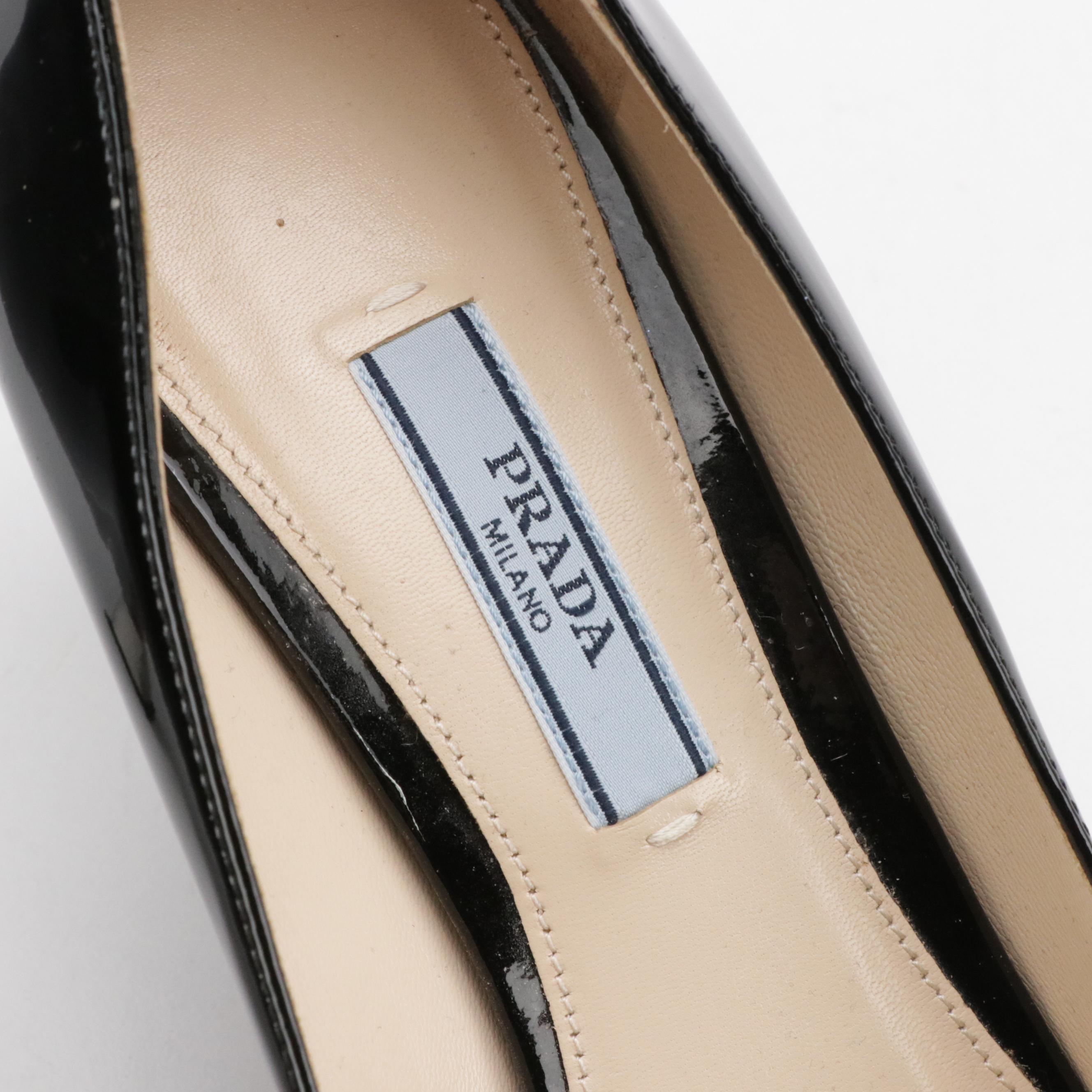 Prada Black Patent Leather Pointed Toe Pumps with Silver Sculpted Heel Detail