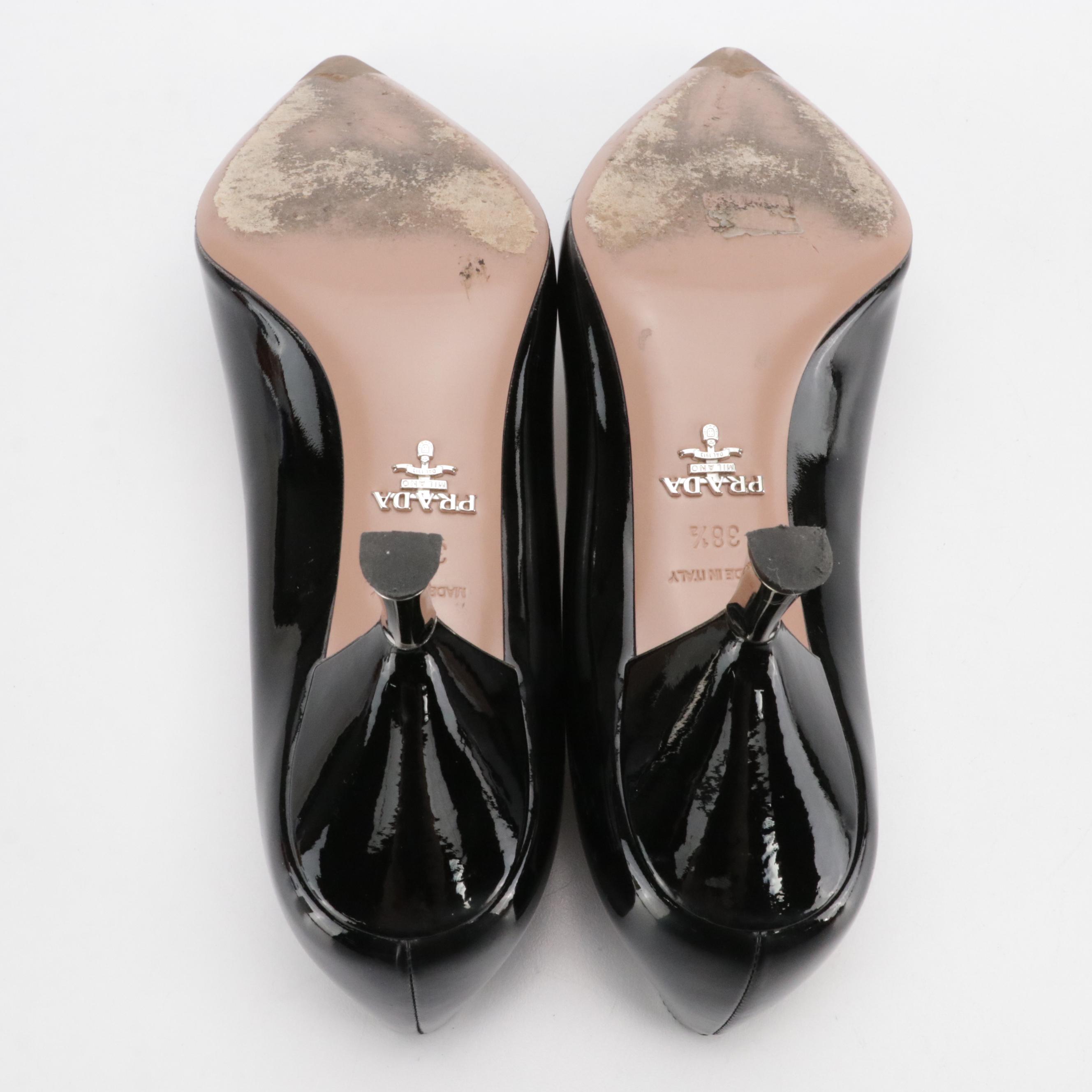 Prada Black Patent Leather Pointed Toe Pumps with Silver Sculpted Heel Detail