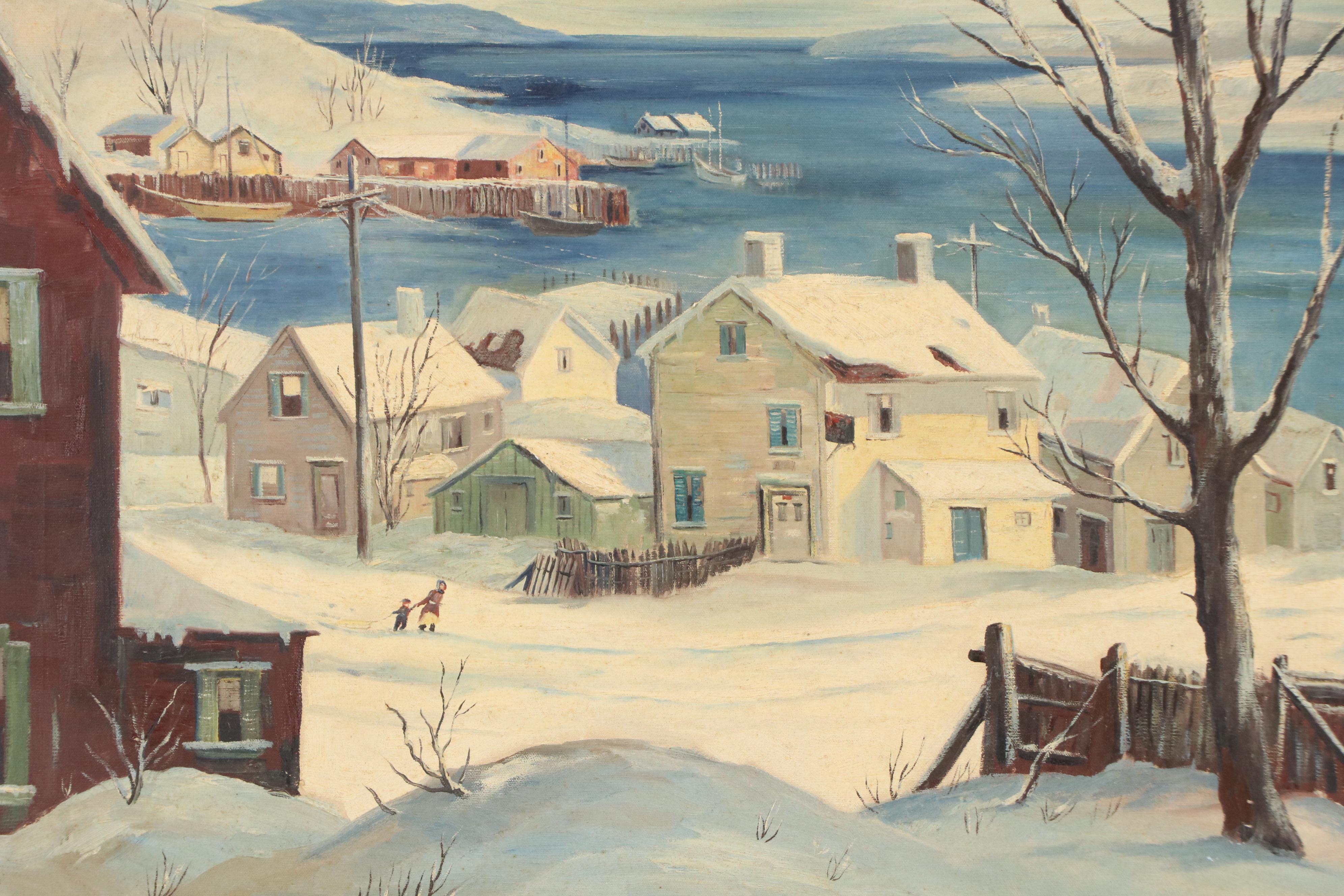 Oil Painting of Snowy Seaside Town, Circa Mid-20th Century