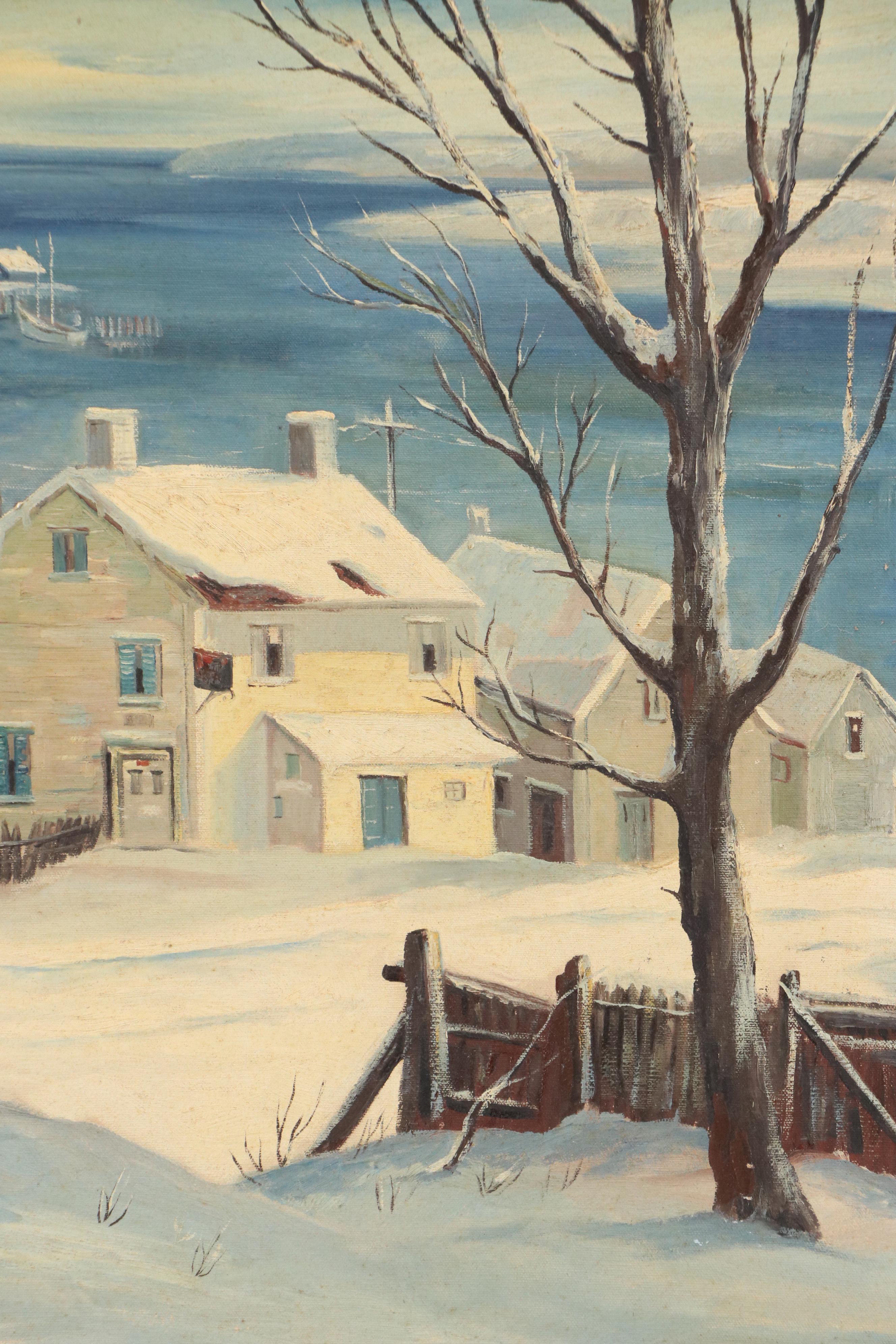 Oil Painting of Snowy Seaside Town, Circa Mid-20th Century