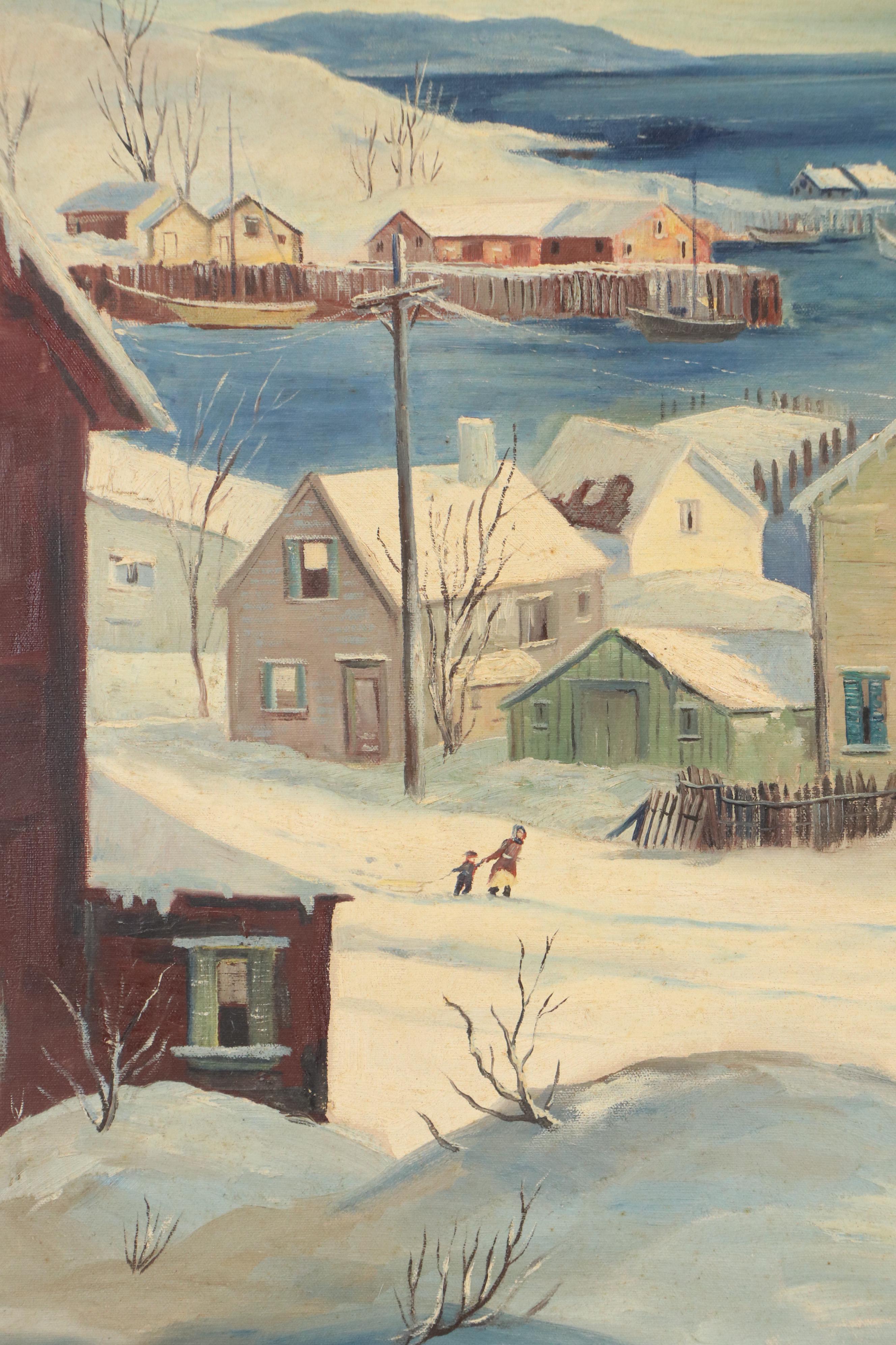 Oil Painting of Snowy Seaside Town, Circa Mid-20th Century