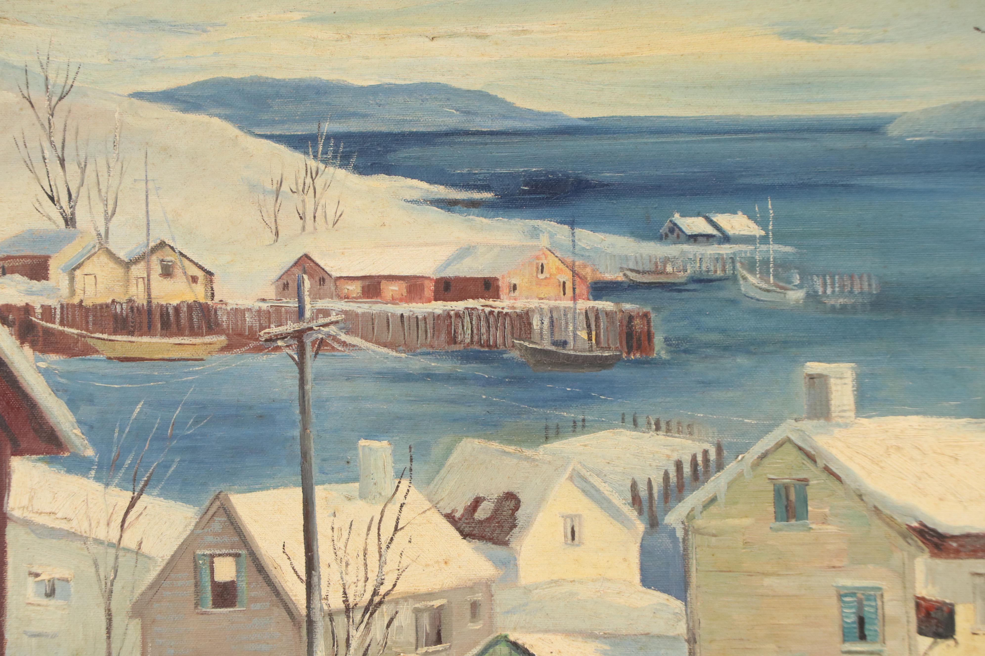 Oil Painting of Snowy Seaside Town, Circa Mid-20th Century