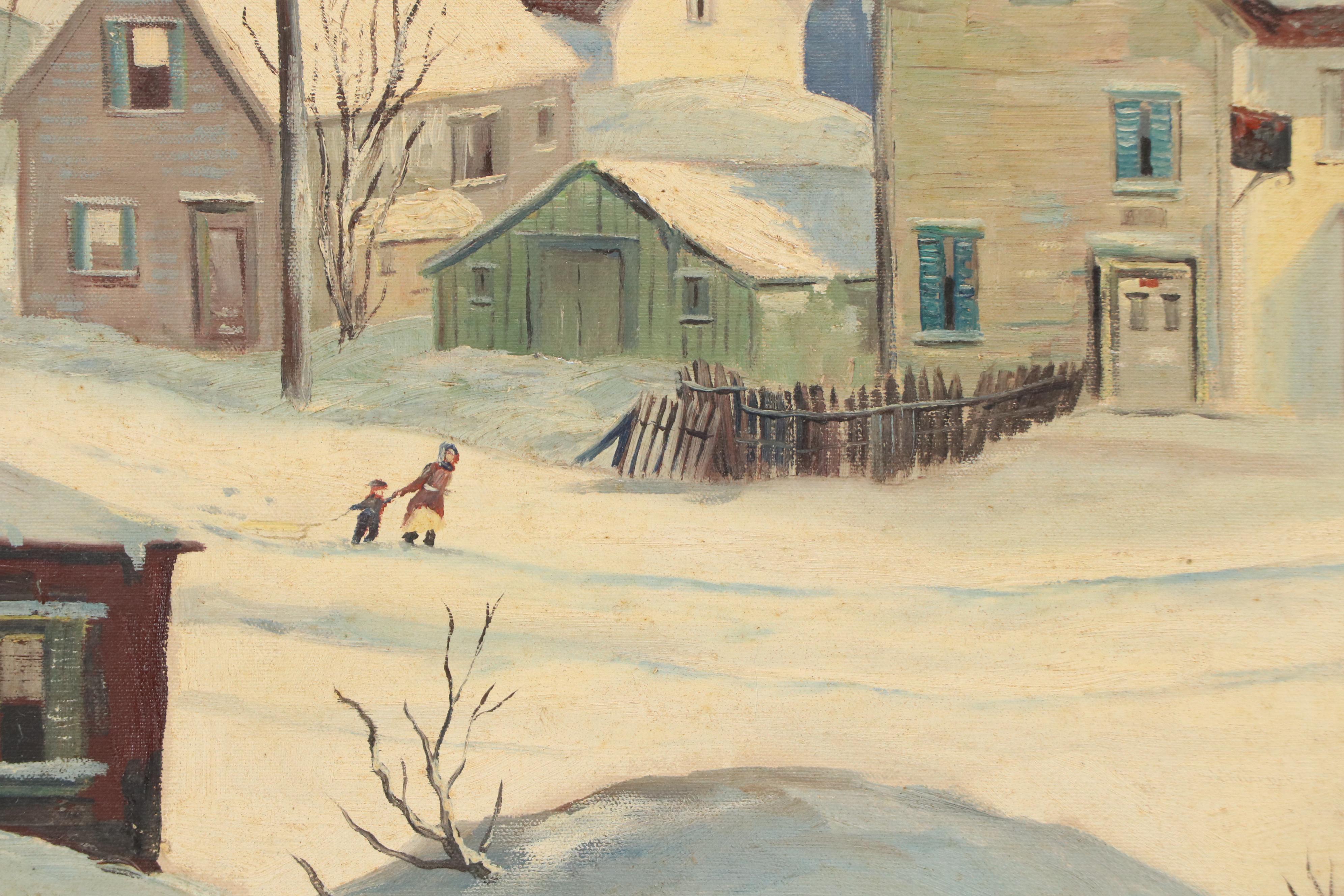 Oil Painting of Snowy Seaside Town, Circa Mid-20th Century