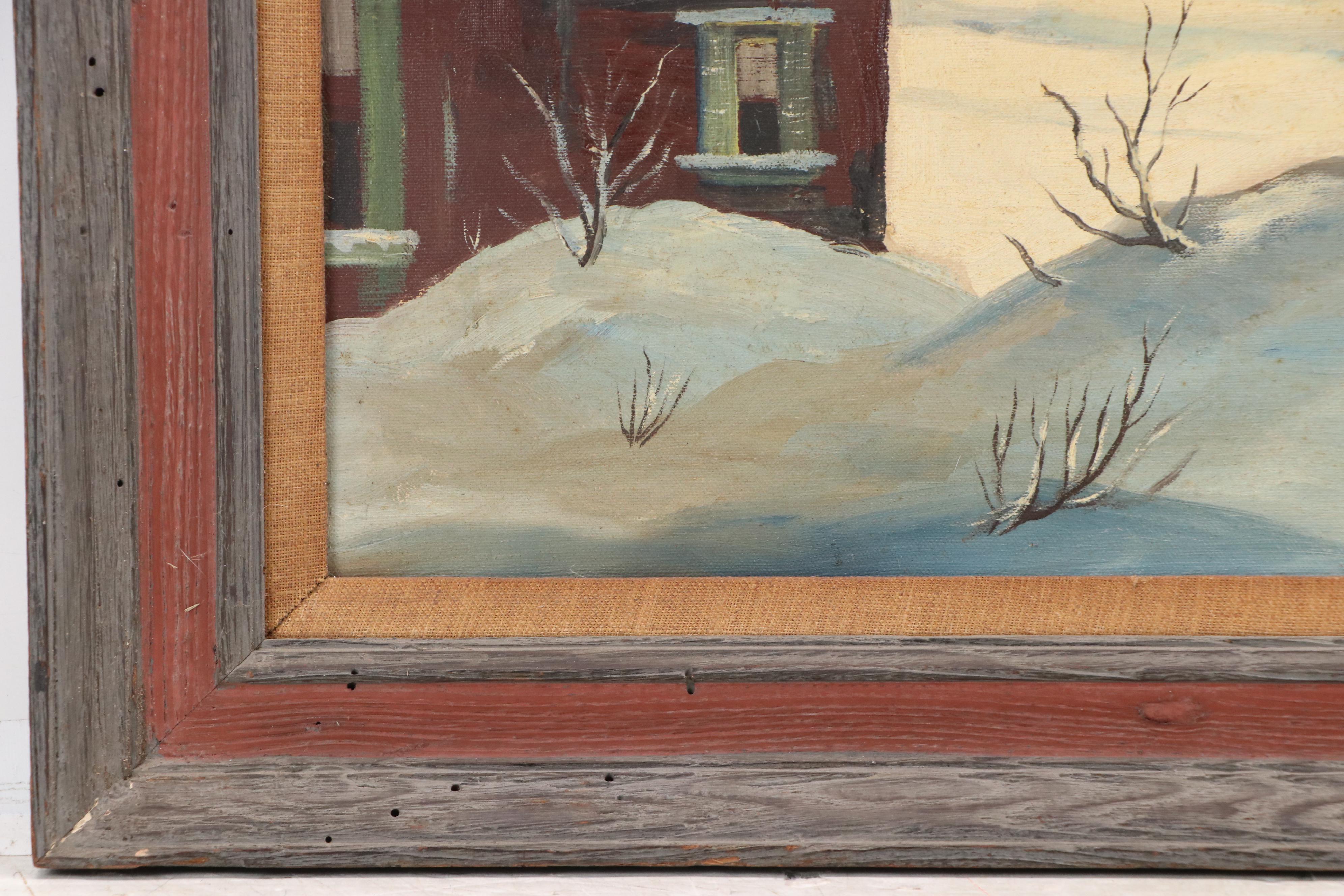 Oil Painting of Snowy Seaside Town, Circa Mid-20th Century