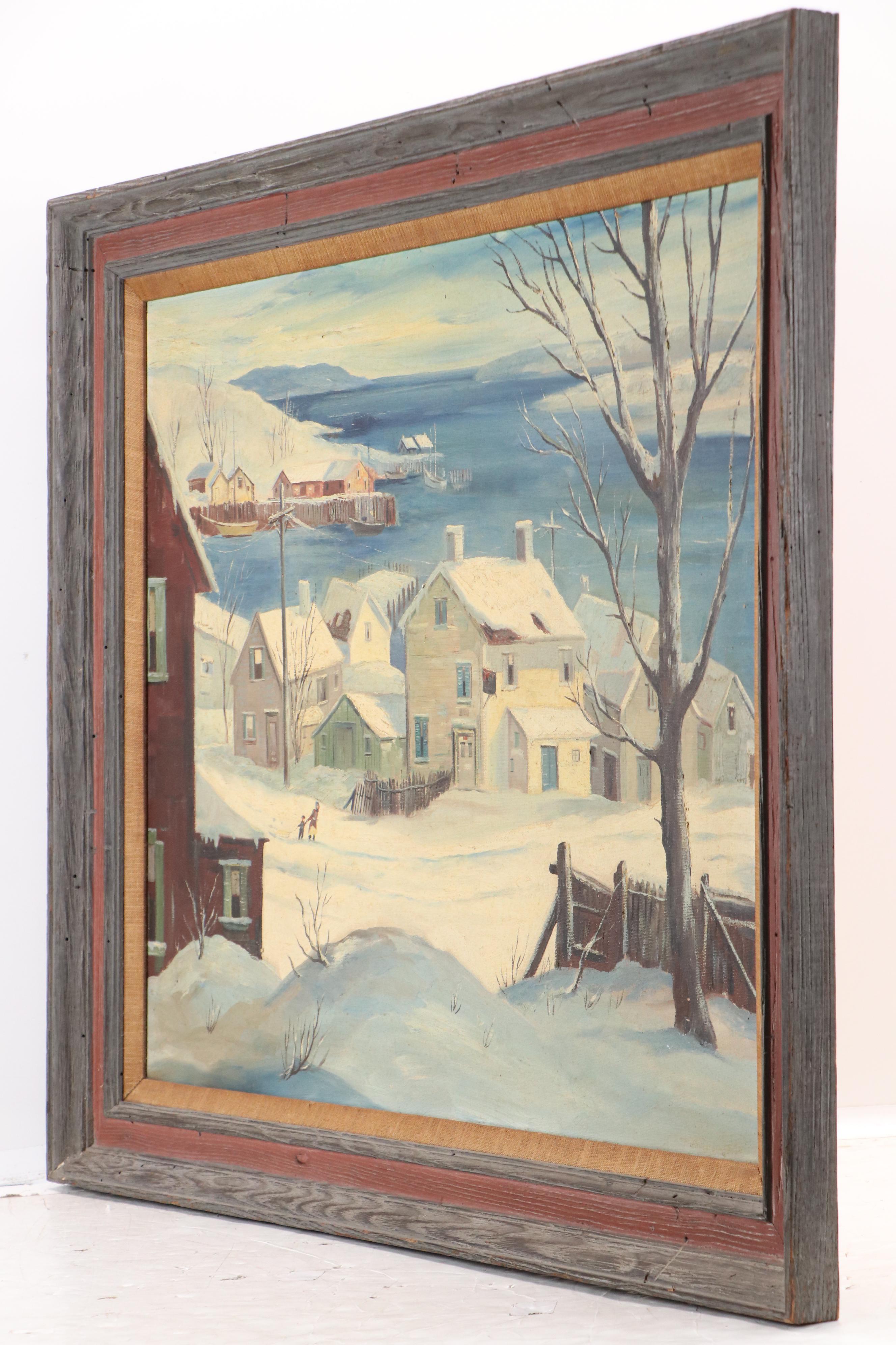 Oil Painting of Snowy Seaside Town, Circa Mid-20th Century