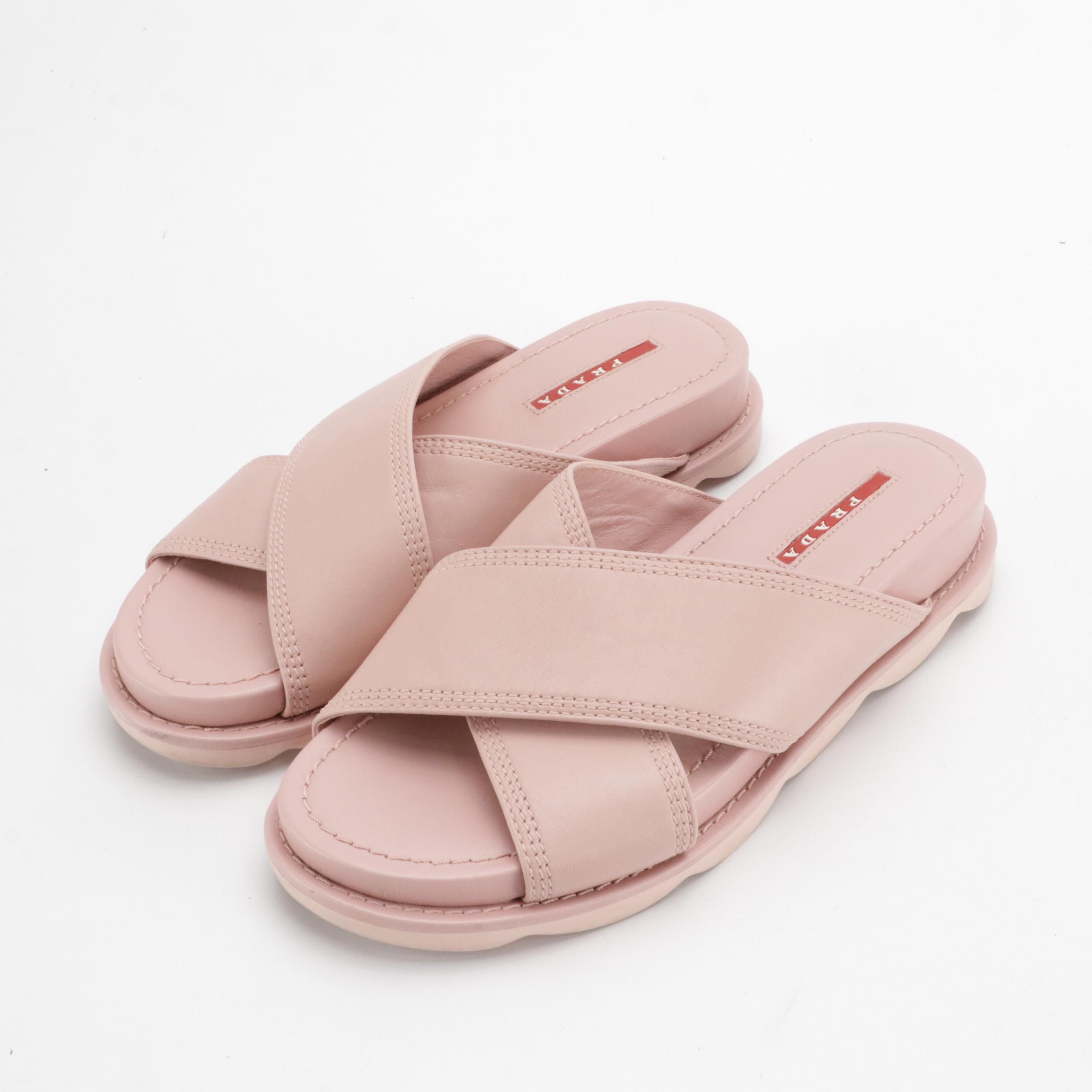 Prada Blush Pink Criss Cross Calfskin Leather Slides