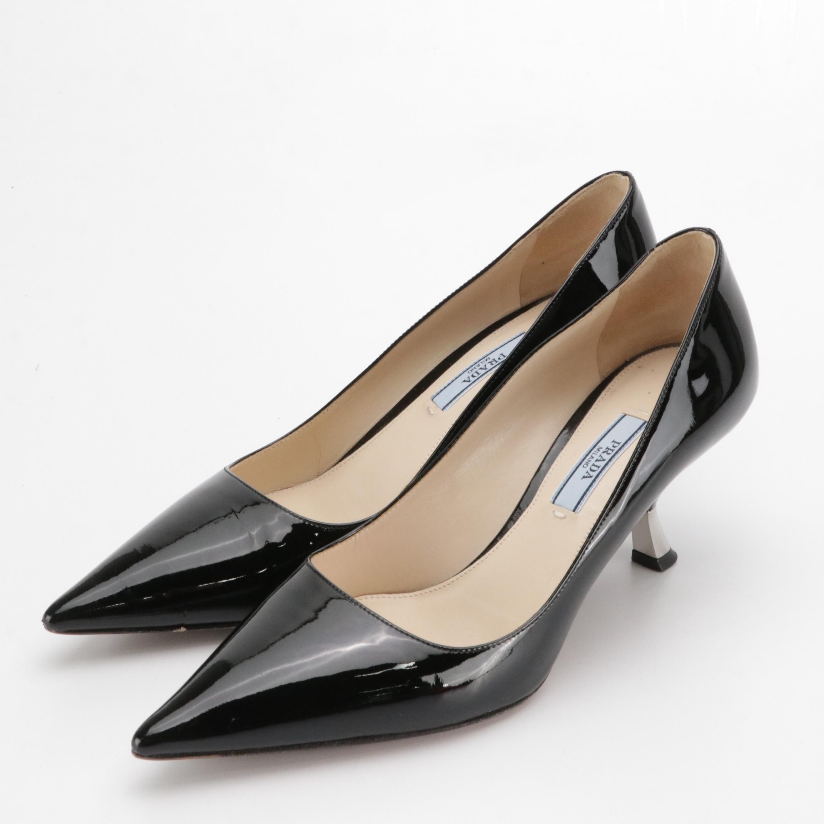 Prada Black Patent Leather Pointed Toe Pumps with Silver Sculpted Heel Detail
