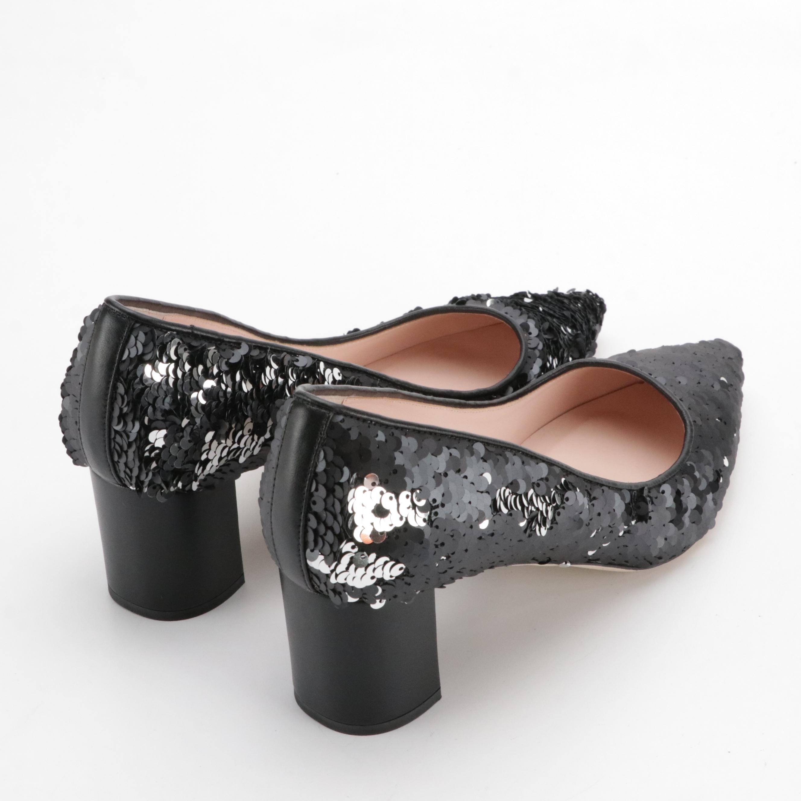 Kate Spade "Mauna" Pointed-Toe Block Heel Pumps in Black and Silver Sequin