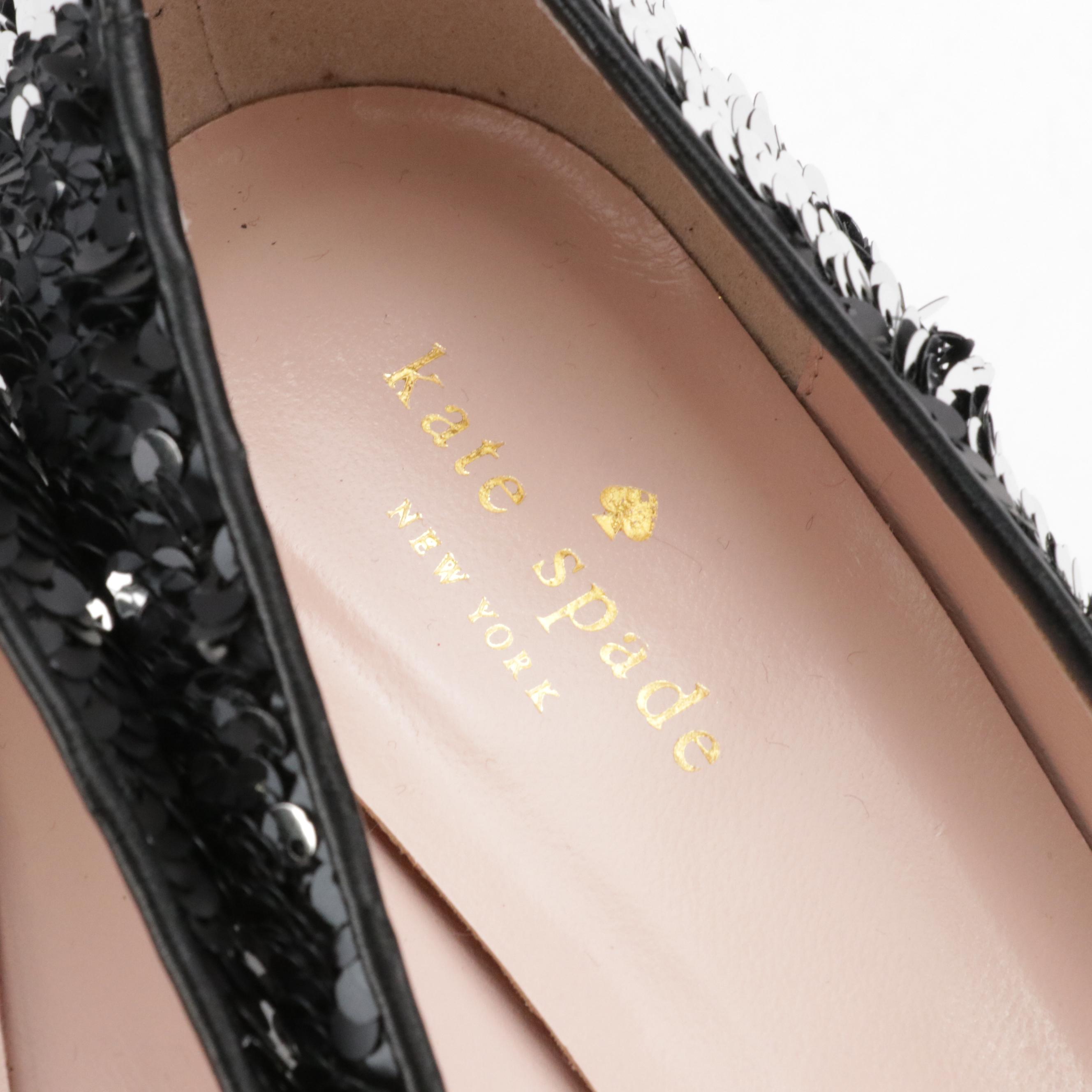 Kate Spade "Mauna" Pointed-Toe Block Heel Pumps in Black and Silver Sequin