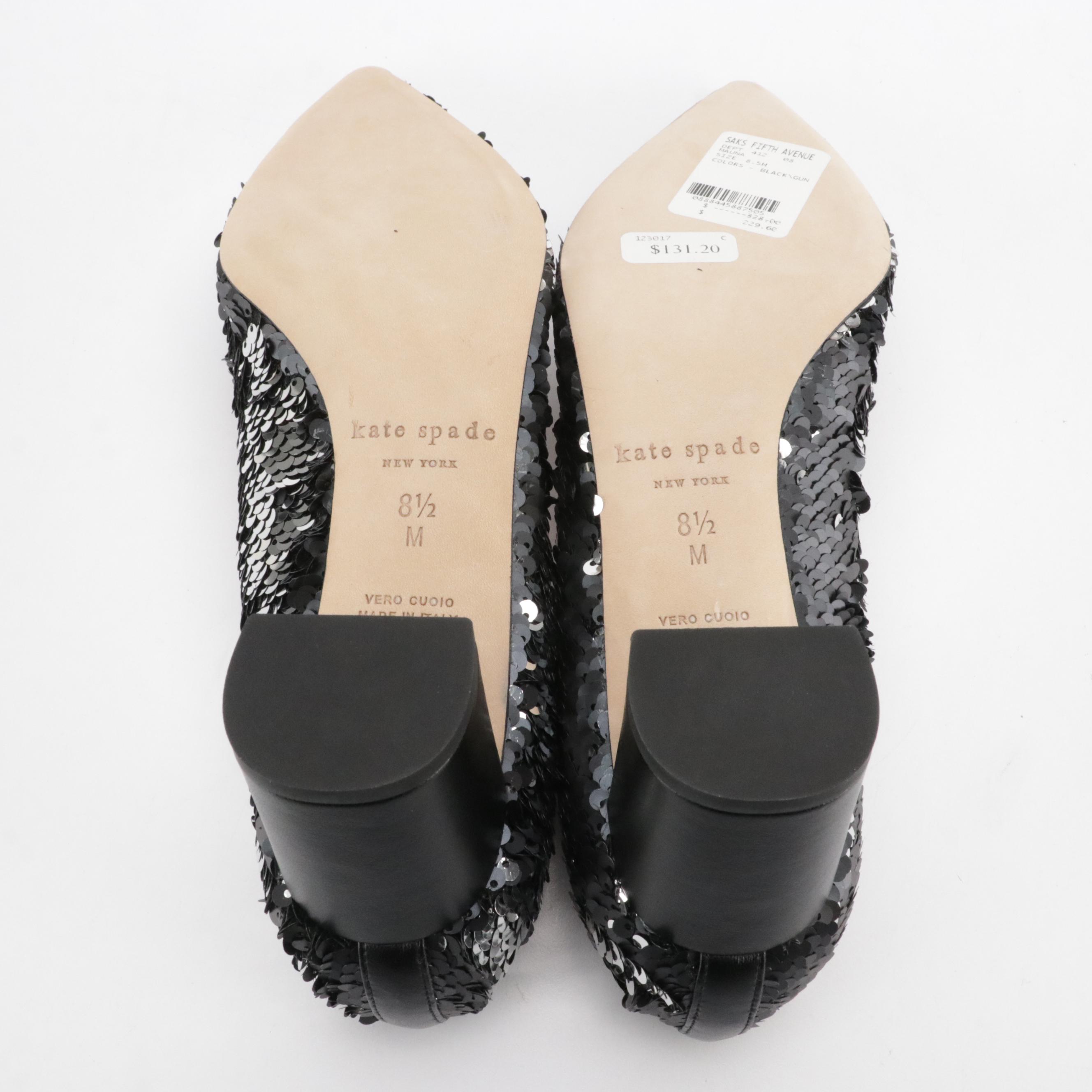 Kate Spade "Mauna" Pointed-Toe Block Heel Pumps in Black and Silver Sequin