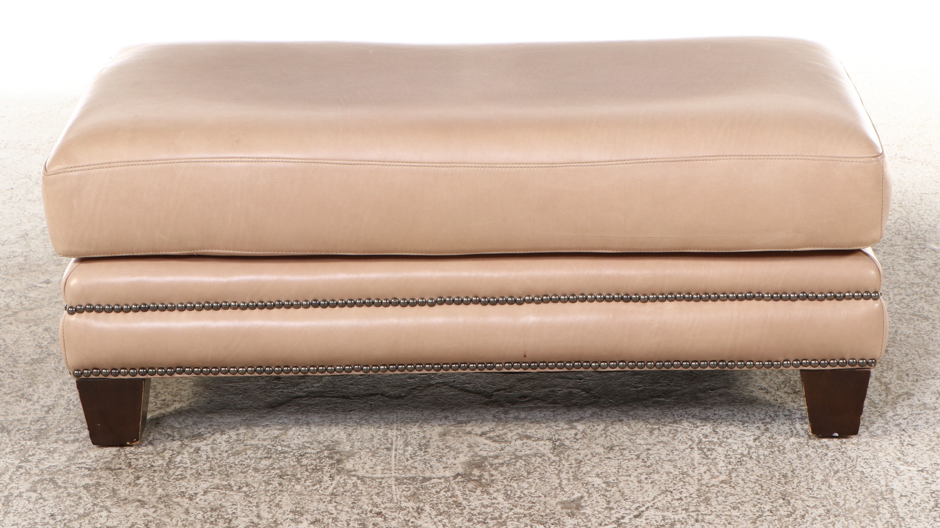 Nailhead Trimmed Beige Leather Ottoman