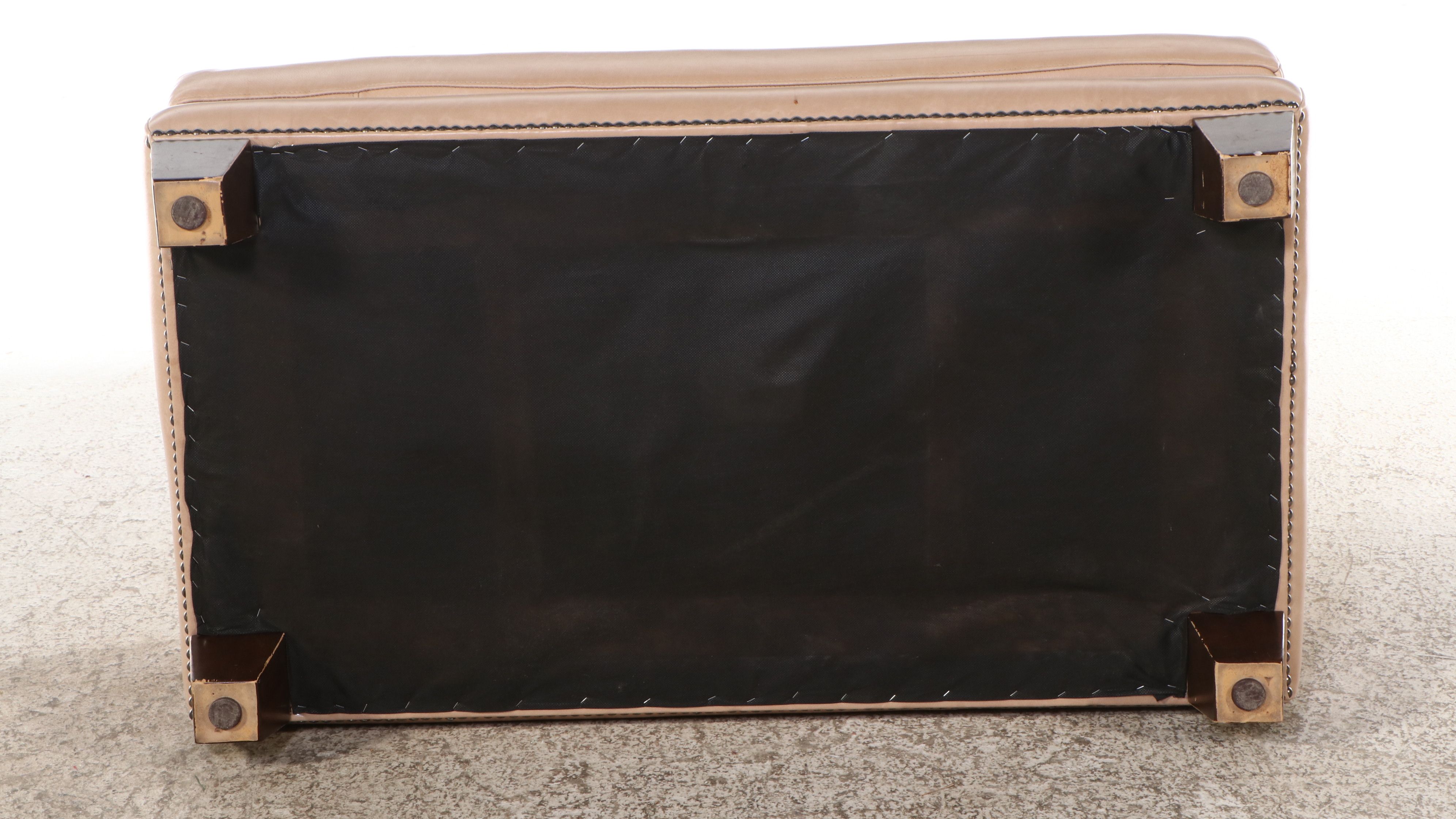Nailhead Trimmed Beige Leather Ottoman