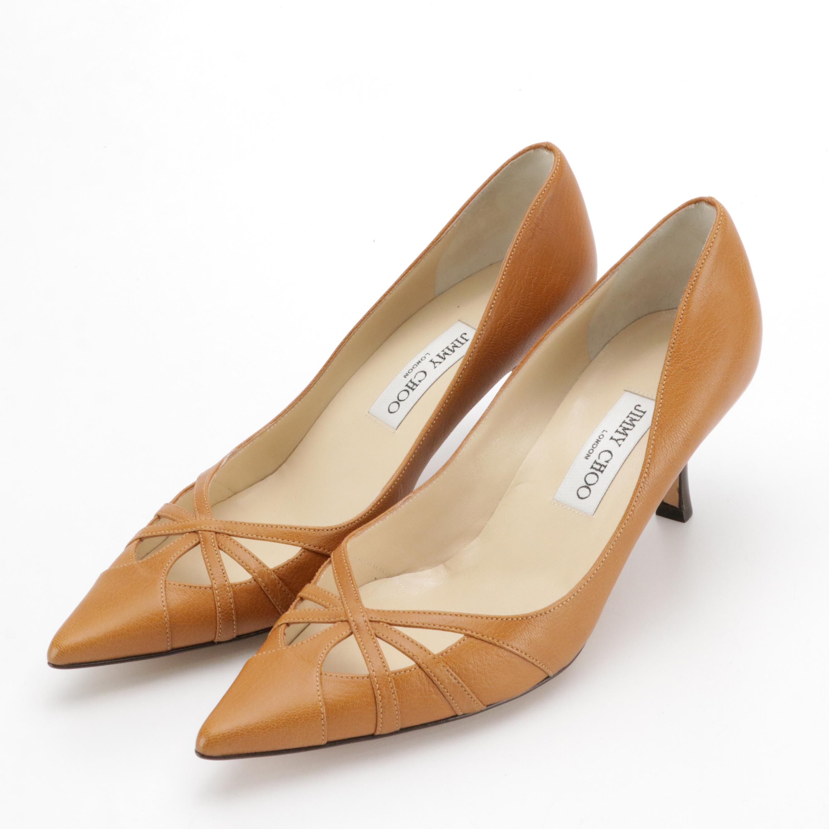 Jimmy Choo Strappy Pointed-Toe Pumps in Caramel Brown Calf Leather