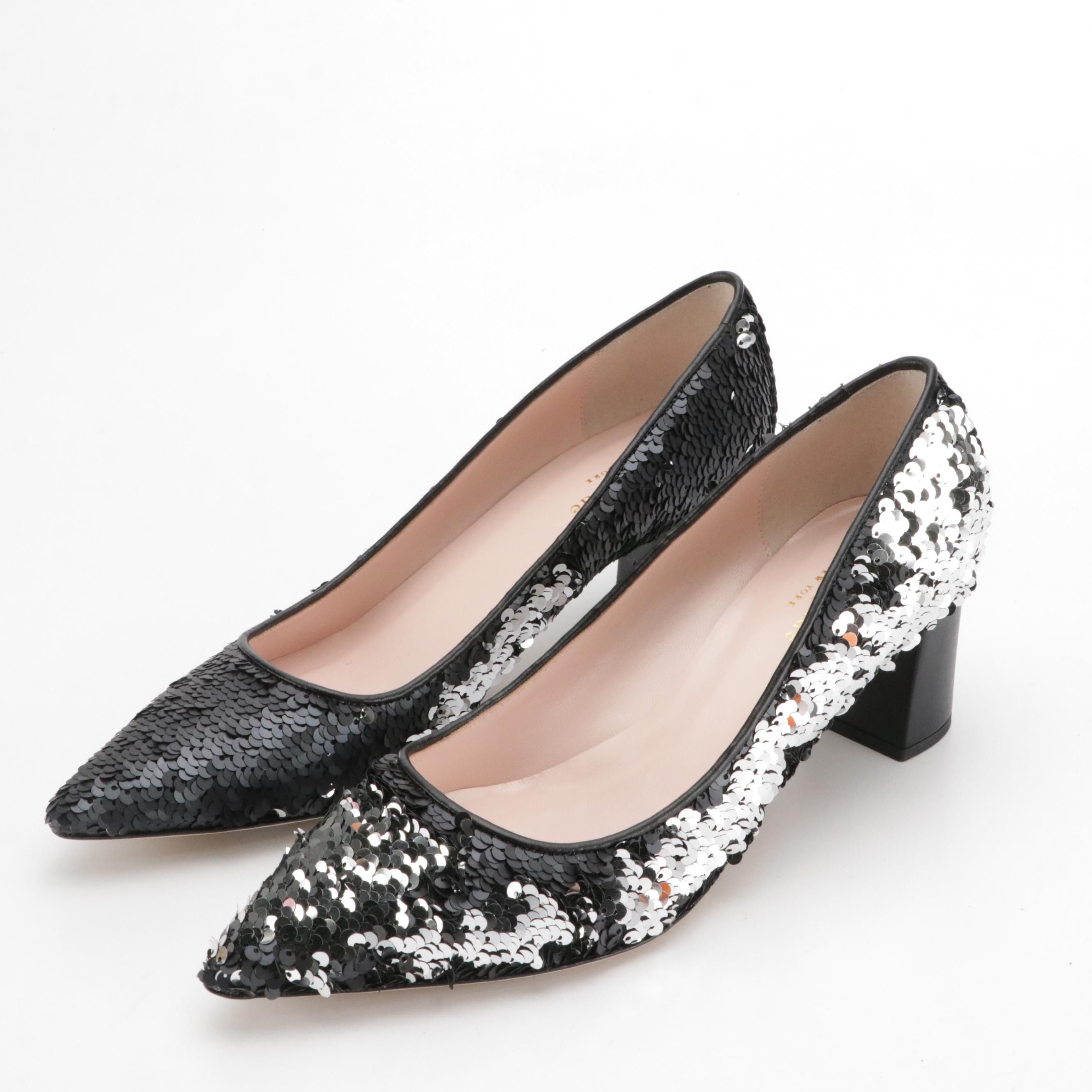 Kate Spade "Mauna" Pointed-Toe Block Heel Pumps in Black and Silver Sequin