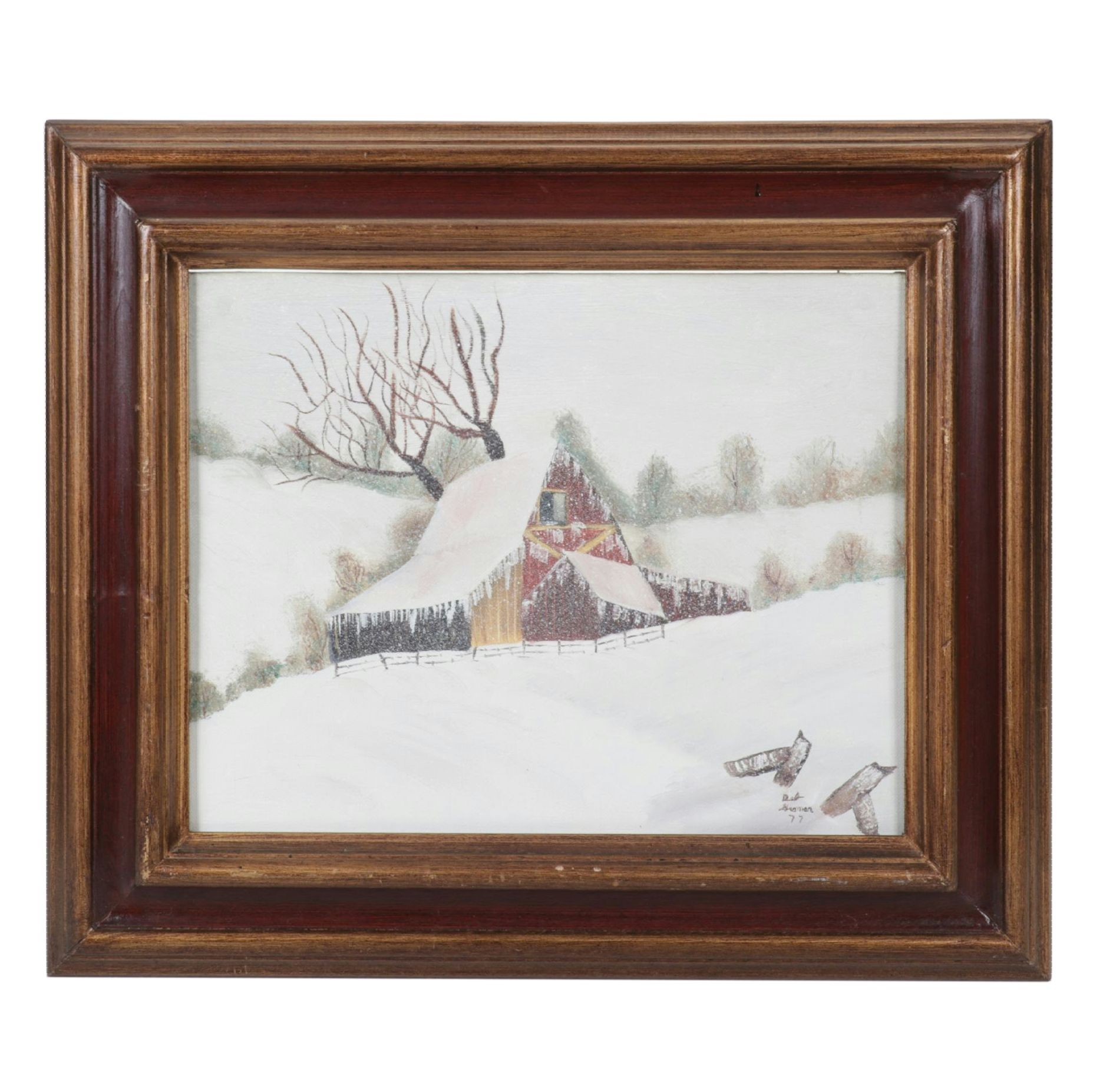 Deb Groman Snow-Capped Hilltop Landscape Oil Painting with a Barn Facade, 1977