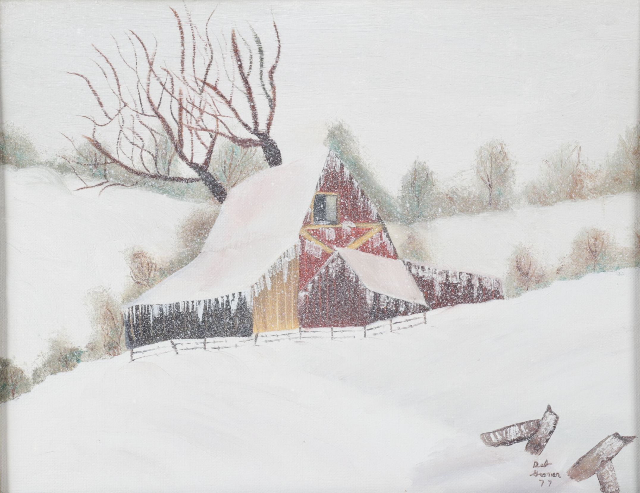 Deb Groman Snow-Capped Hilltop Landscape Oil Painting with a Barn Facade, 1977