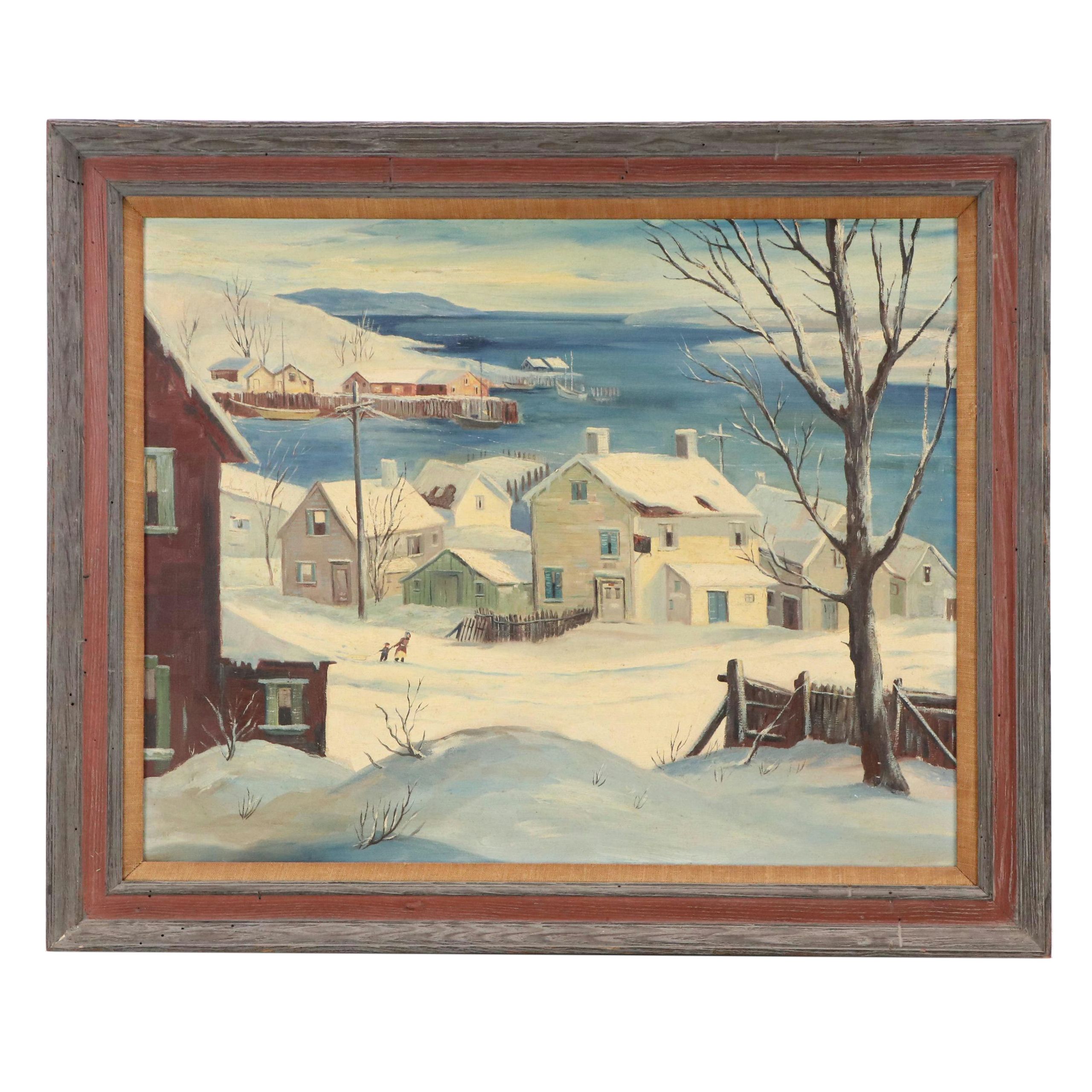 Oil Painting of Snowy Seaside Town, Circa Mid-20th Century
