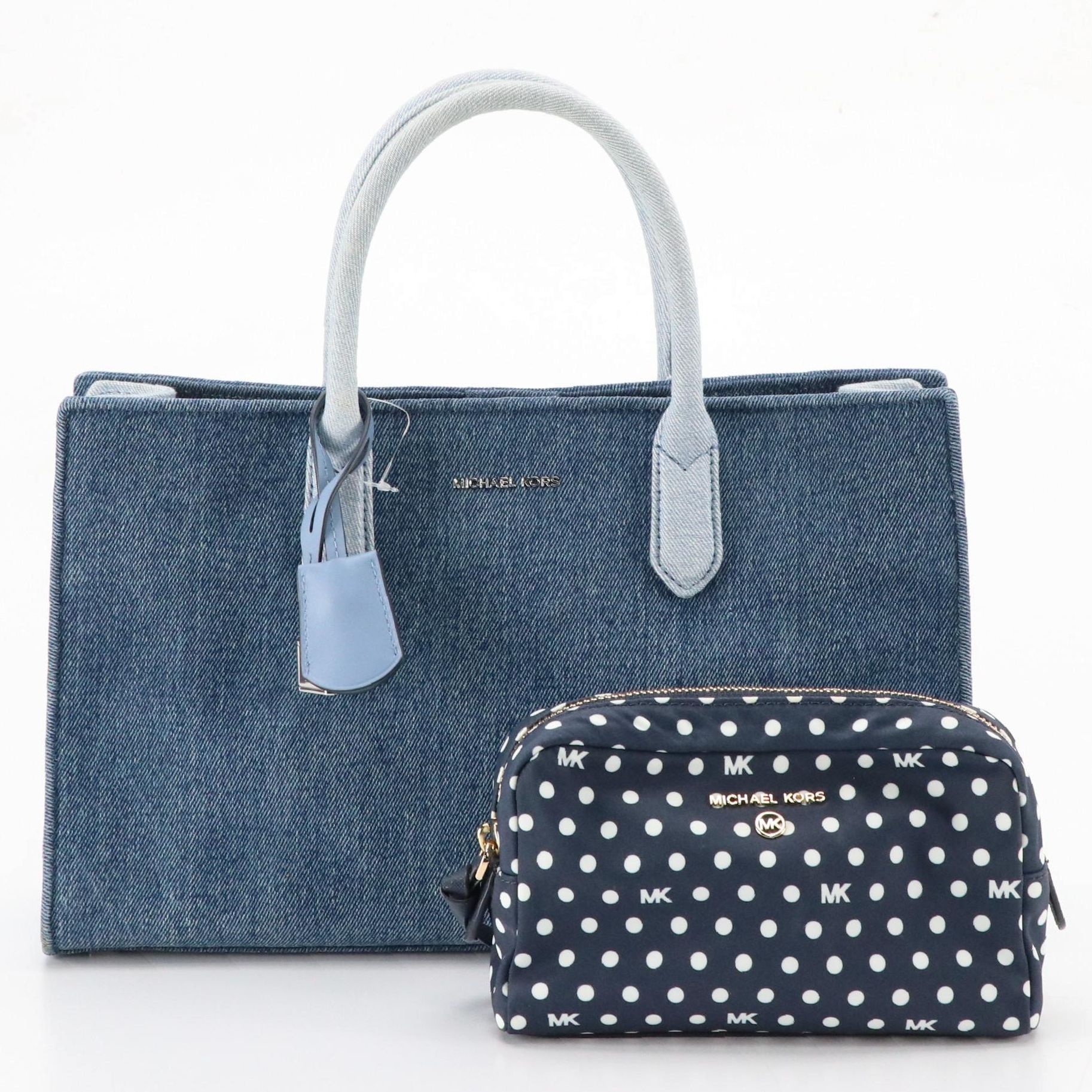 Michael Kors Denim "Scarlett" East West Satchel & Polka-Dot Nylon Zip Pouch