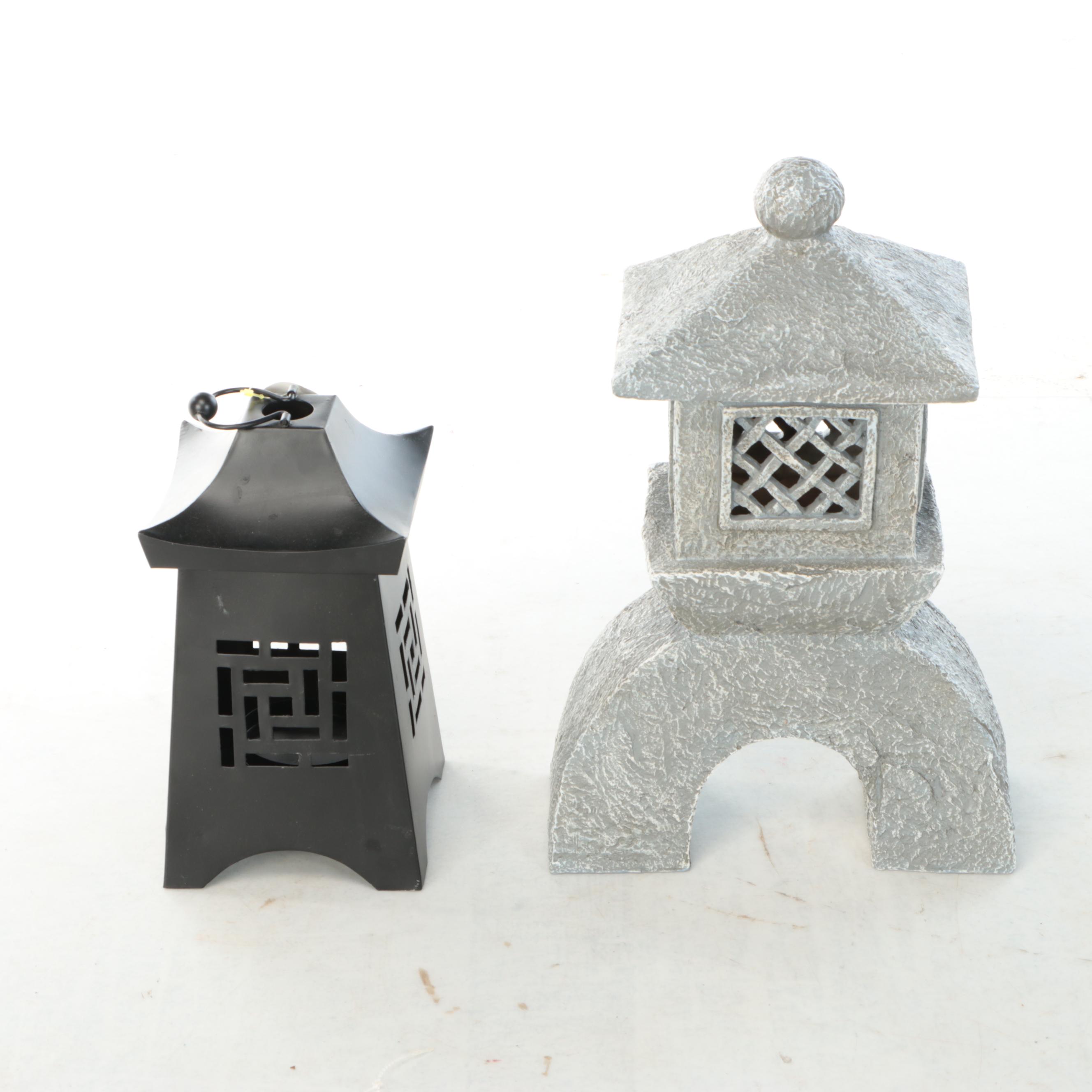 Amitabha Buddha Statue with Pagoda Style Lanterns and Lights