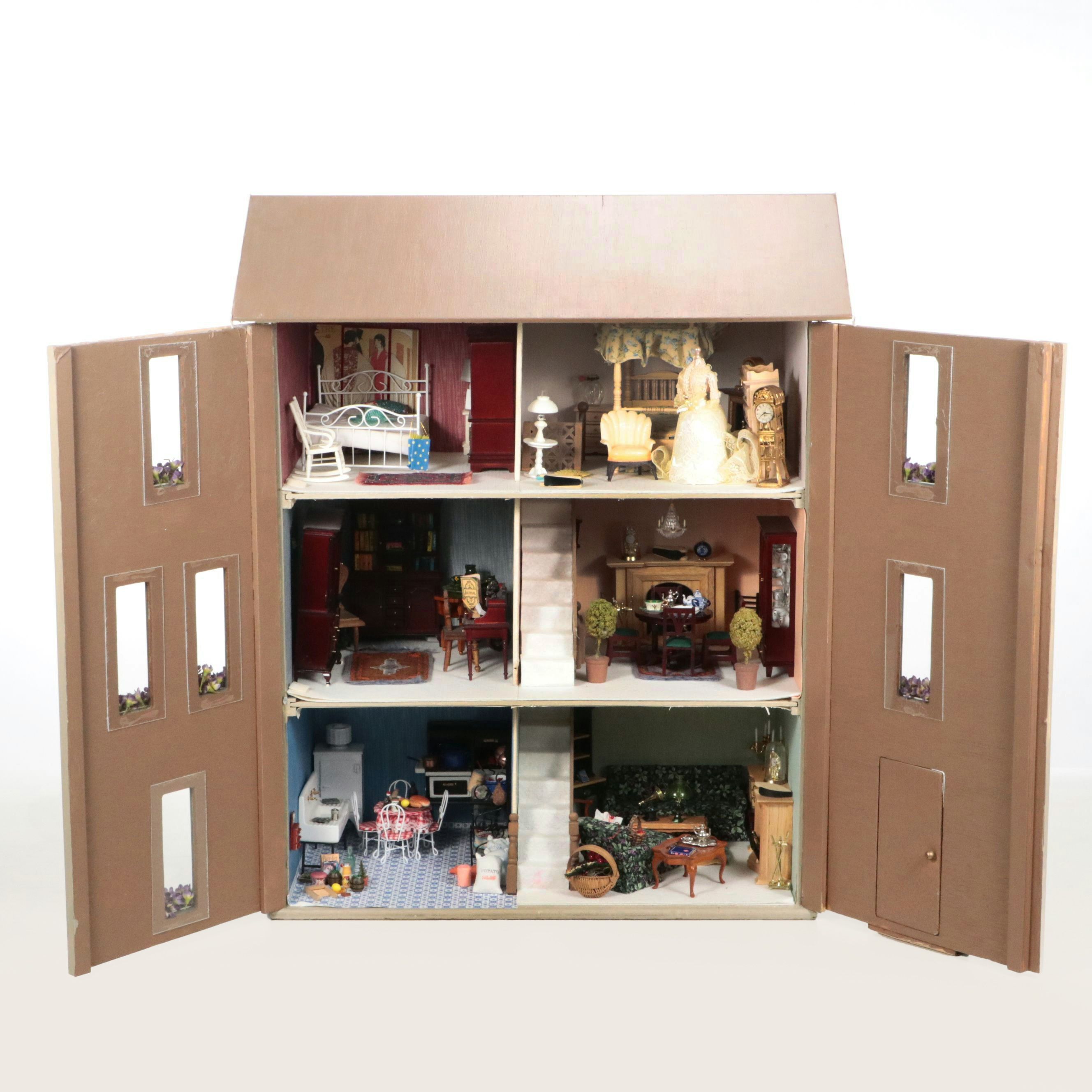 Handmade Eight-Room Wooden Dollhouse with Furniture and Accessories