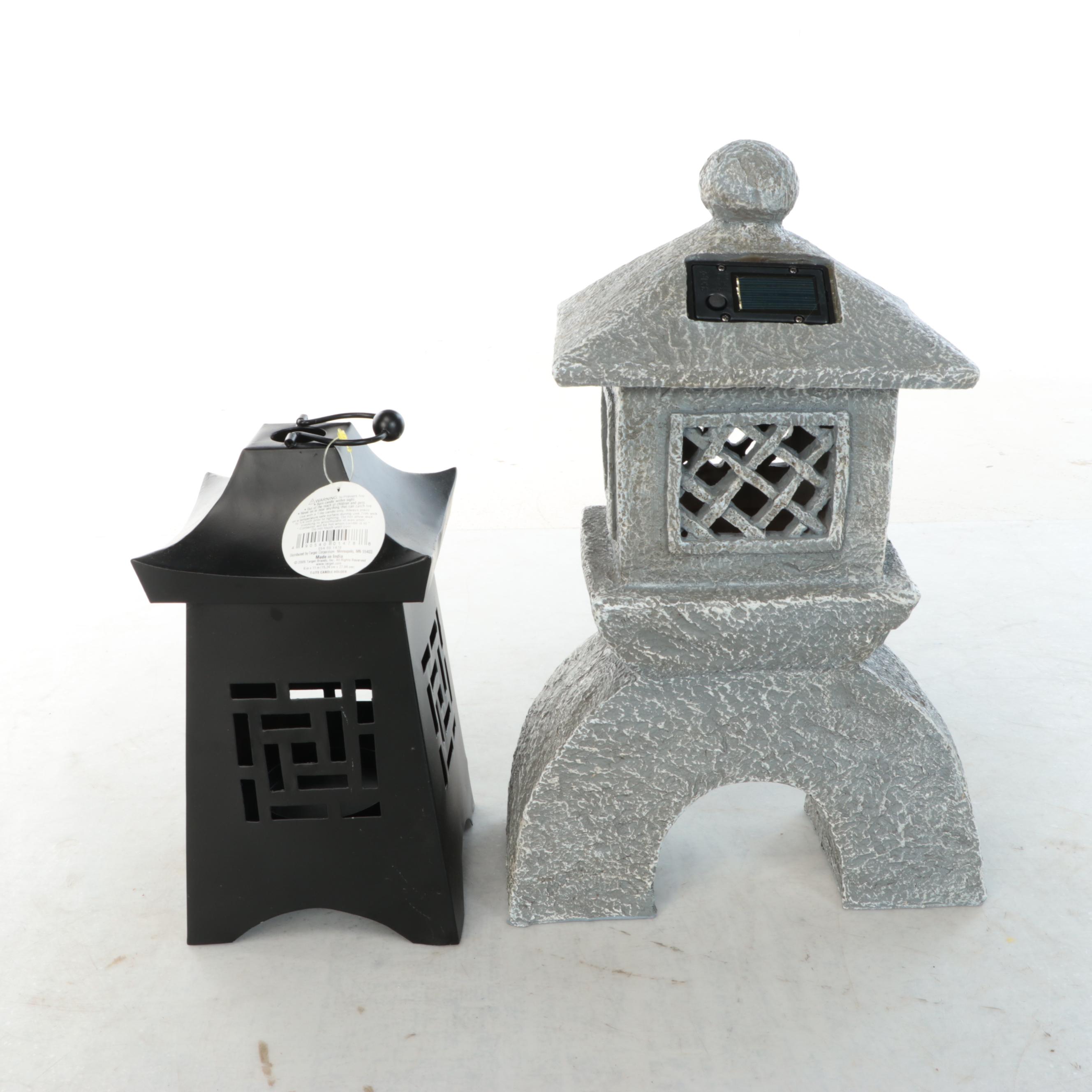 Amitabha Buddha Statue with Pagoda Style Lanterns and Lights