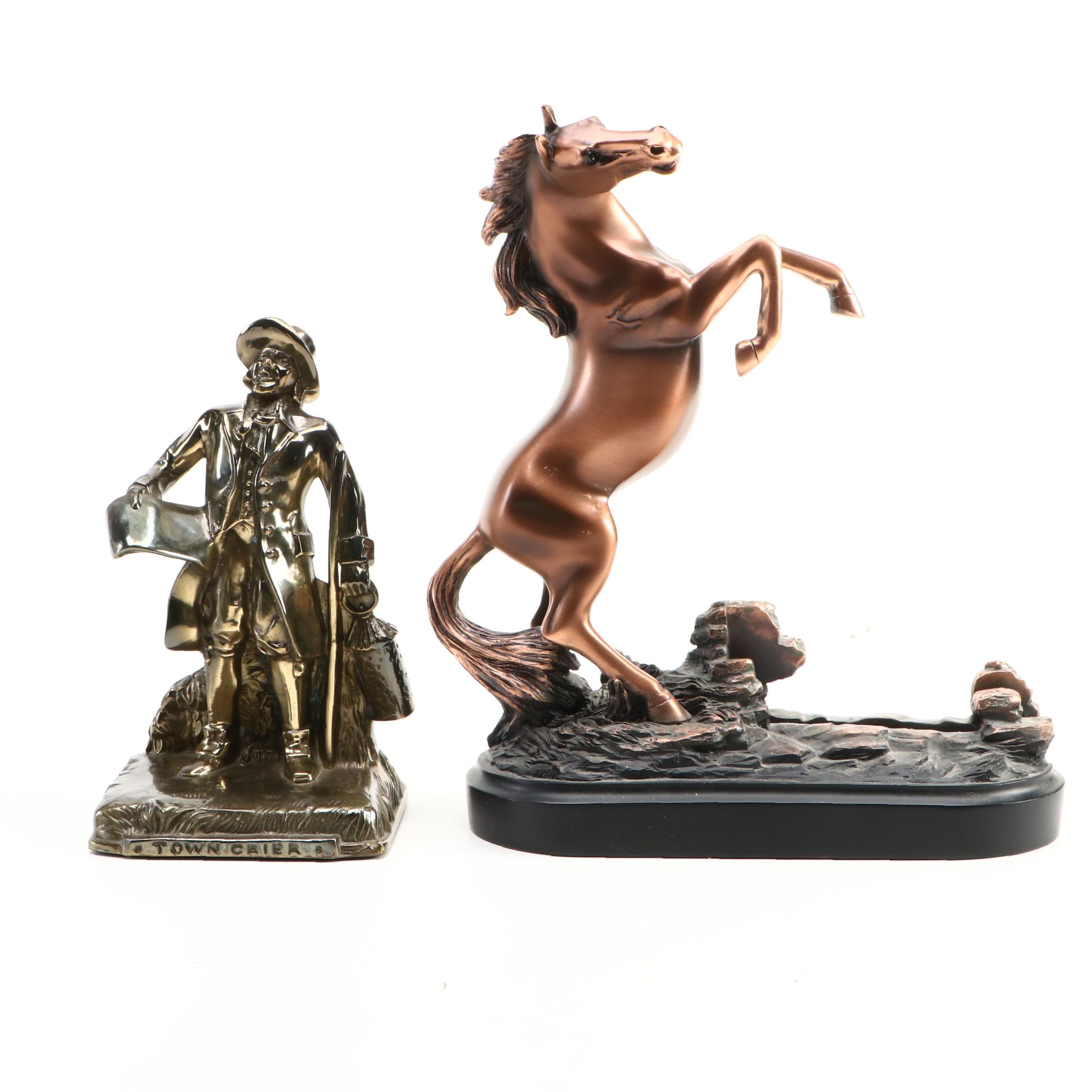 PM Craftsman Bronzed Metal "Town Crier" Figurine with Rearing Horse Stand