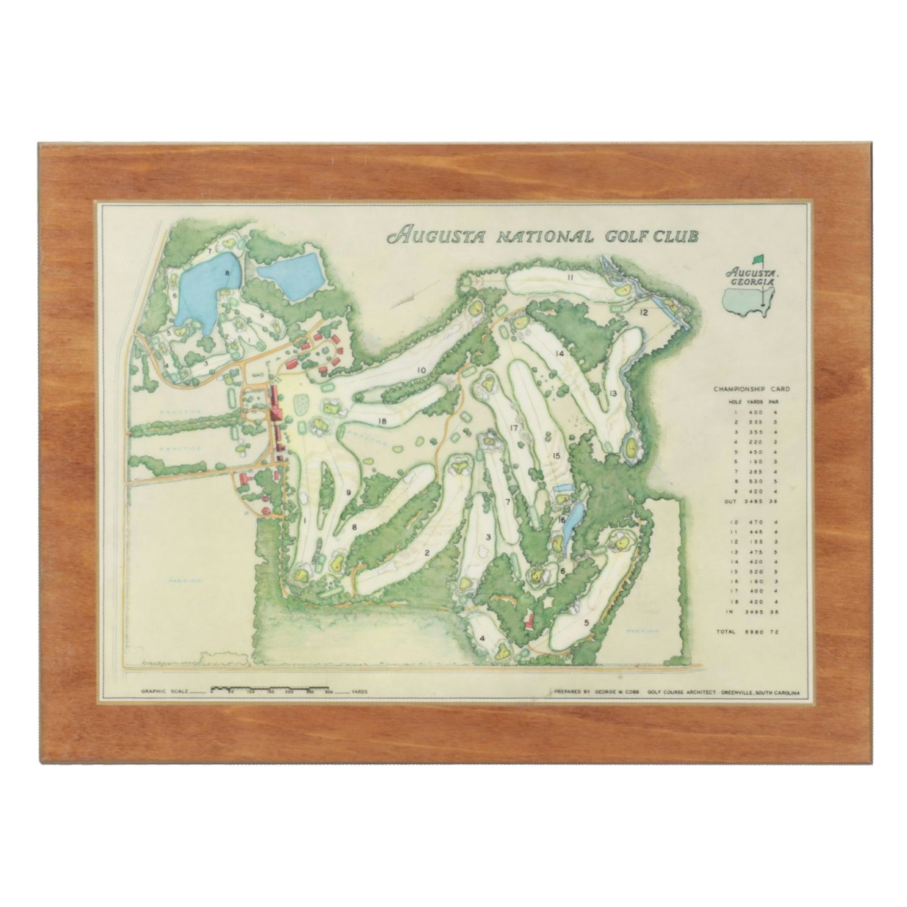 Augusta National Golf Course Map Lacquered Wood Wall Plaque