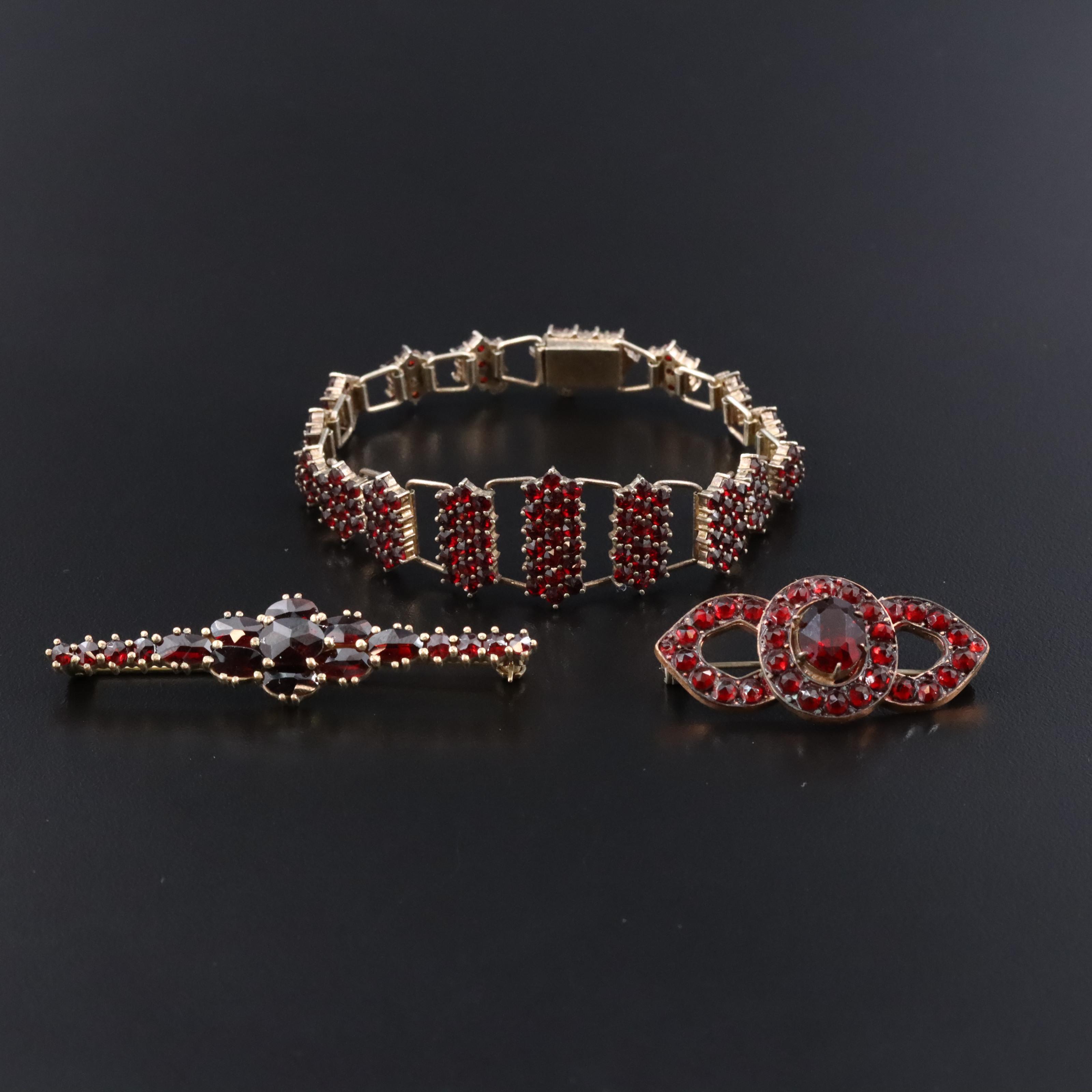 Garnet Czech 800 Silver Bracelet with Brooches