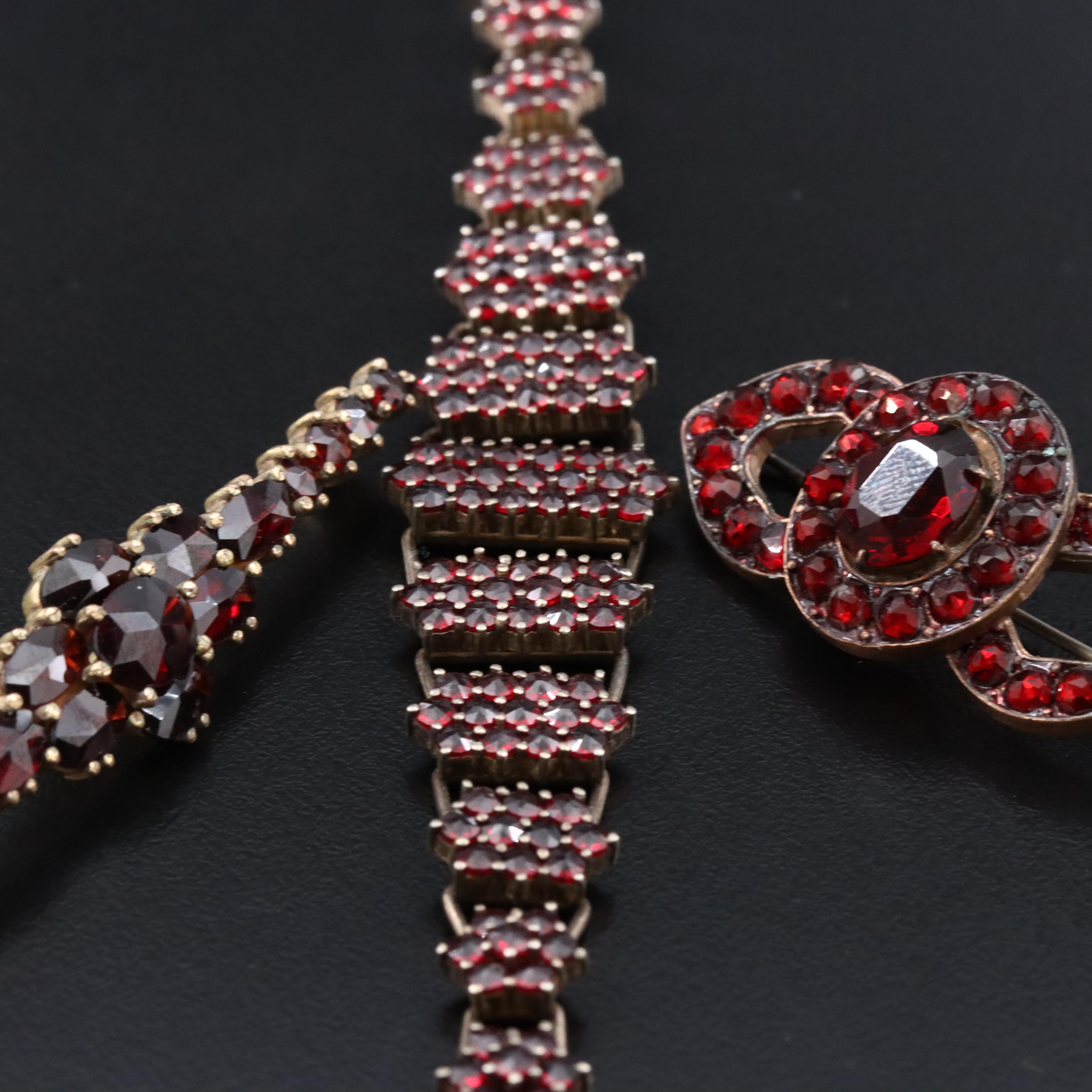 Garnet Czech 800 Silver Bracelet with Brooches
