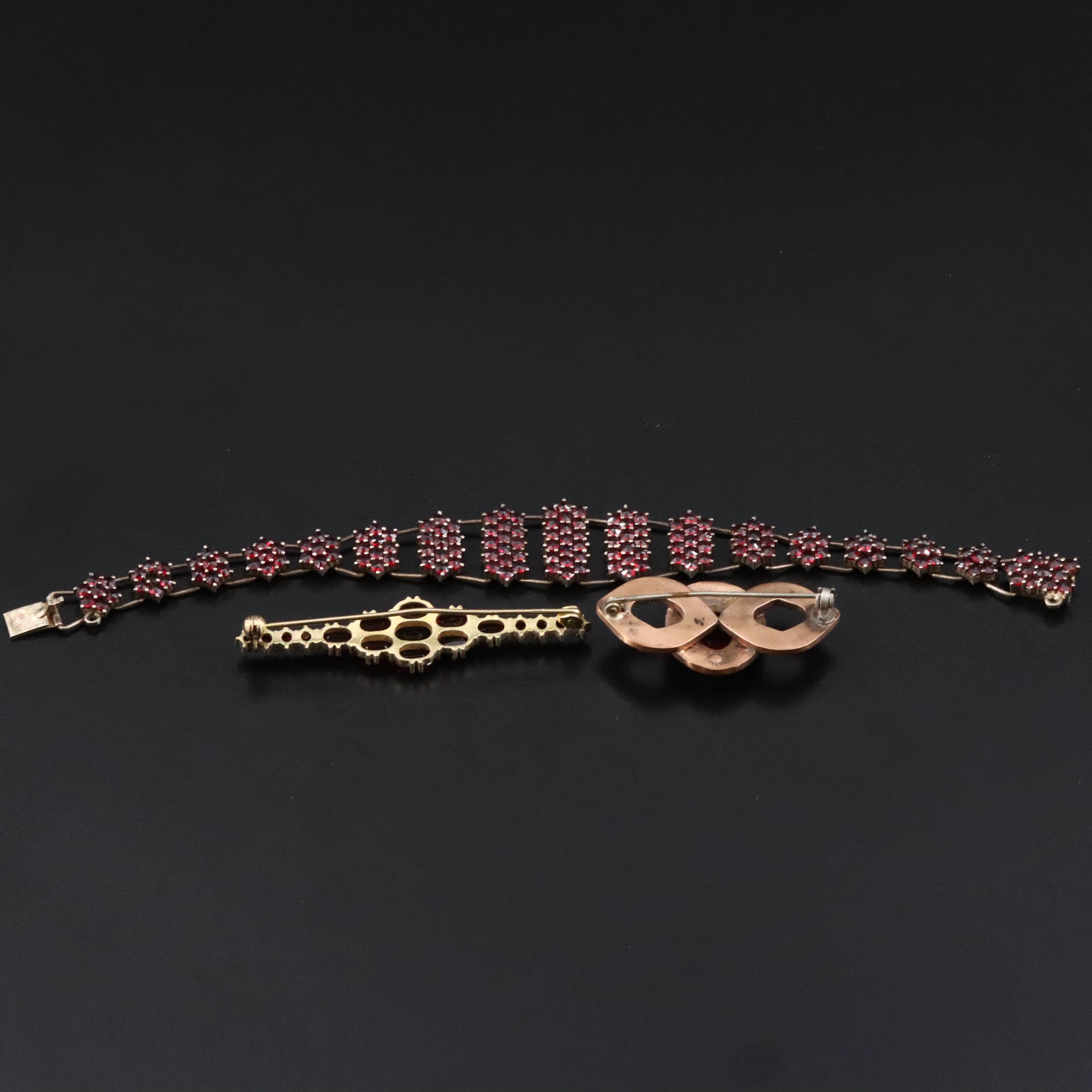 Garnet Czech 800 Silver Bracelet with Brooches