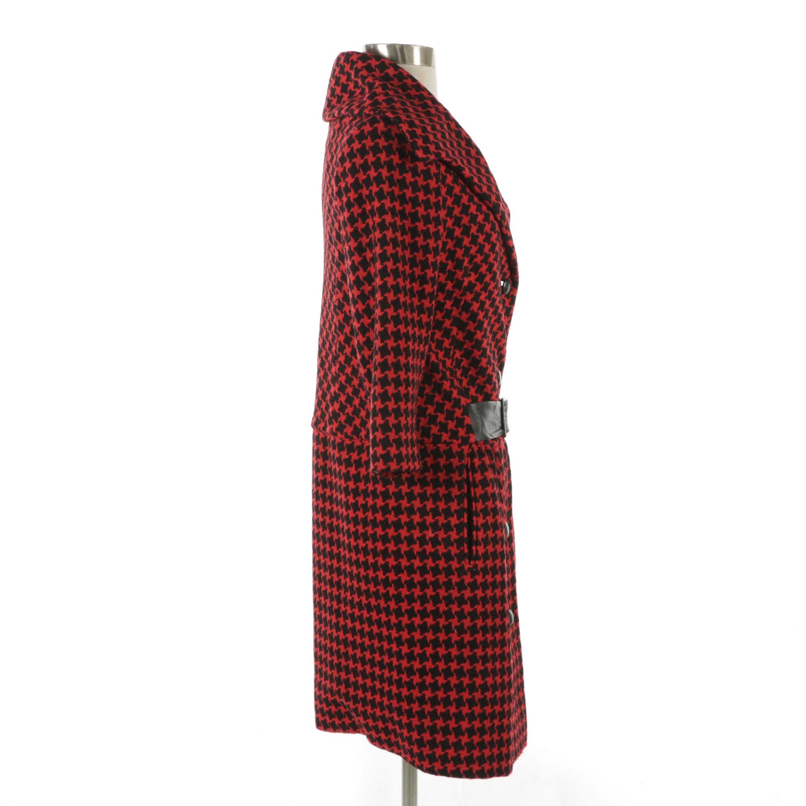 Don Loper Vintage Red and Black Wool Coat Dress with Leather Belt Detail