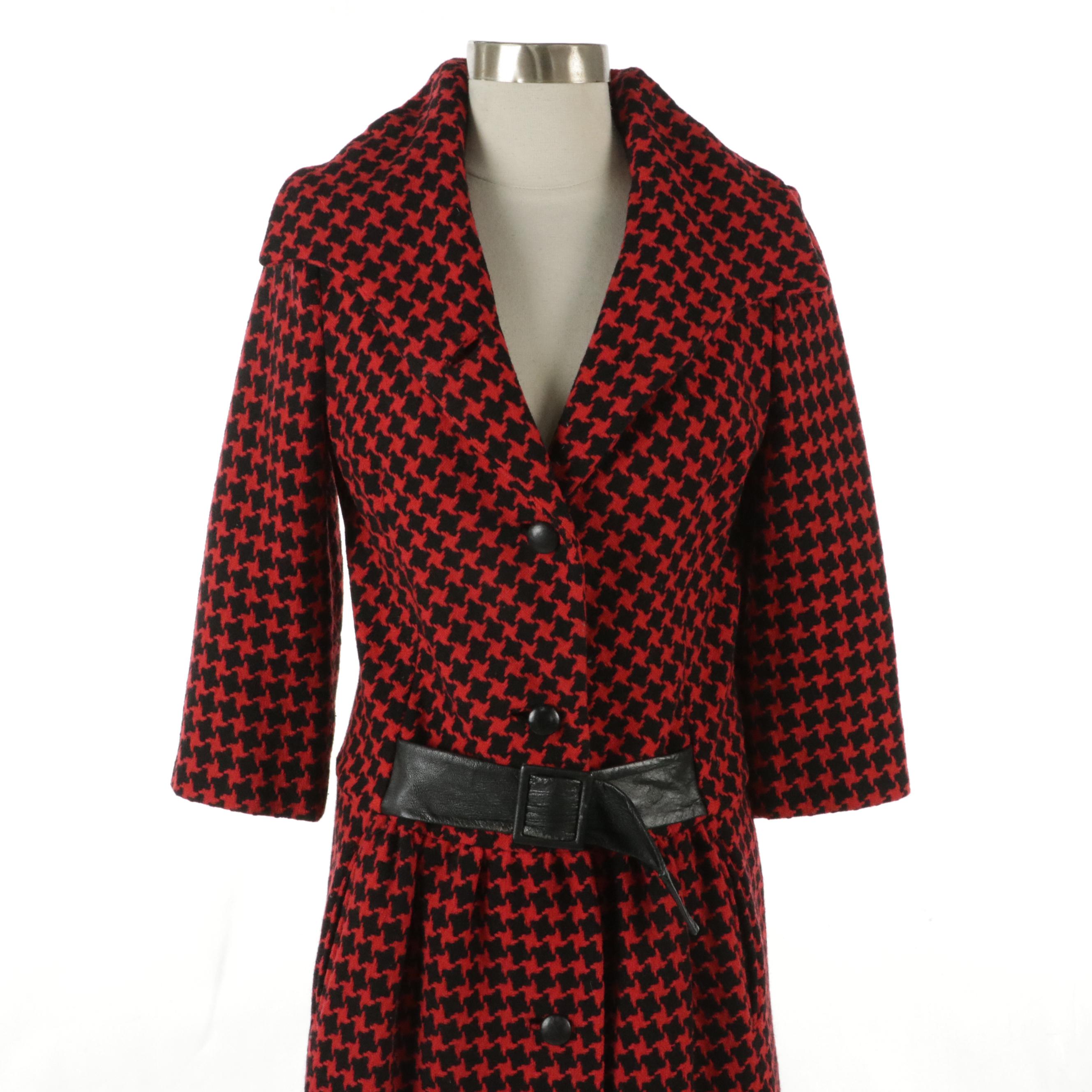 Don Loper Vintage Red and Black Wool Coat Dress with Leather Belt Detail