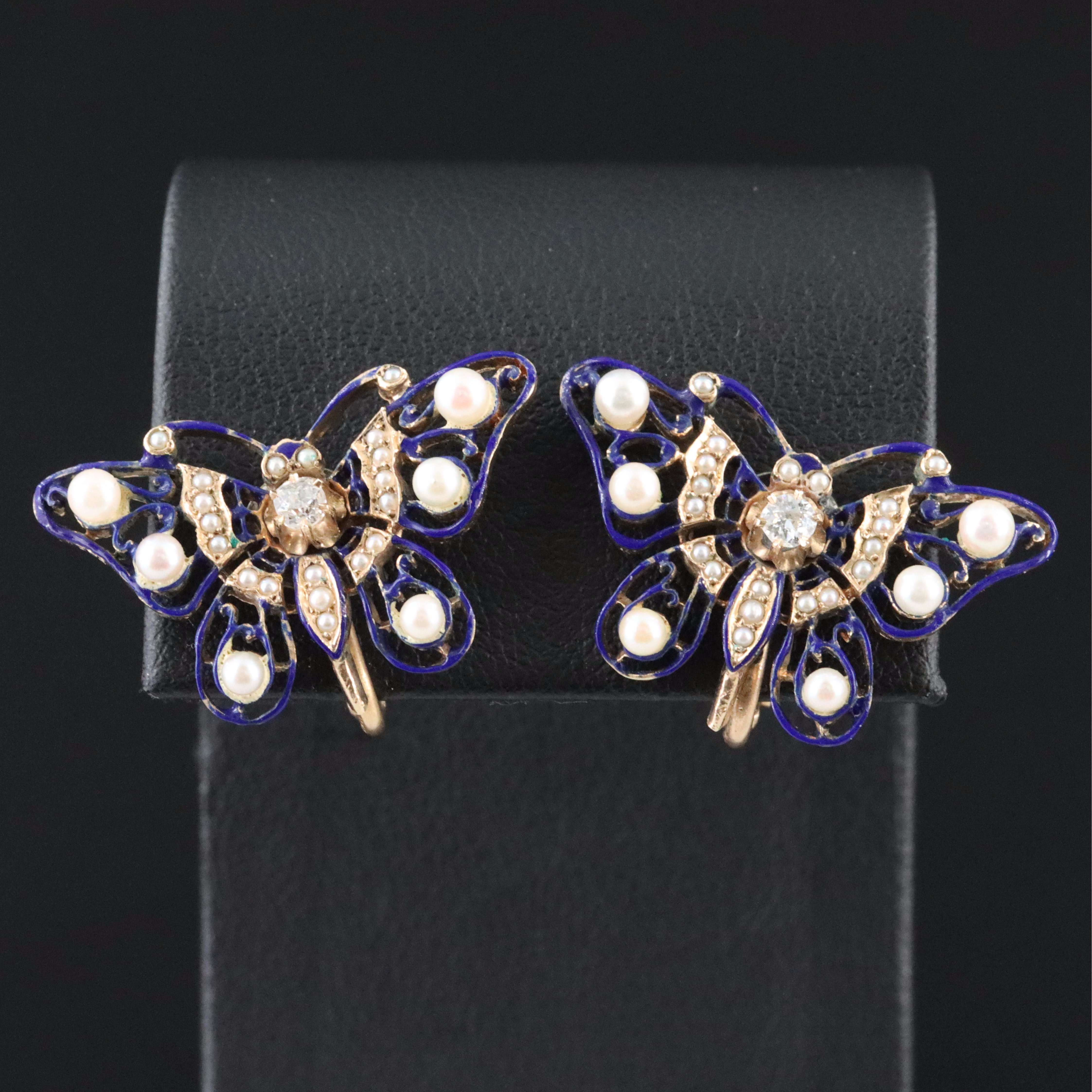 Antique 14K Diamond, Pearl and Enamel Butterfly Earrings