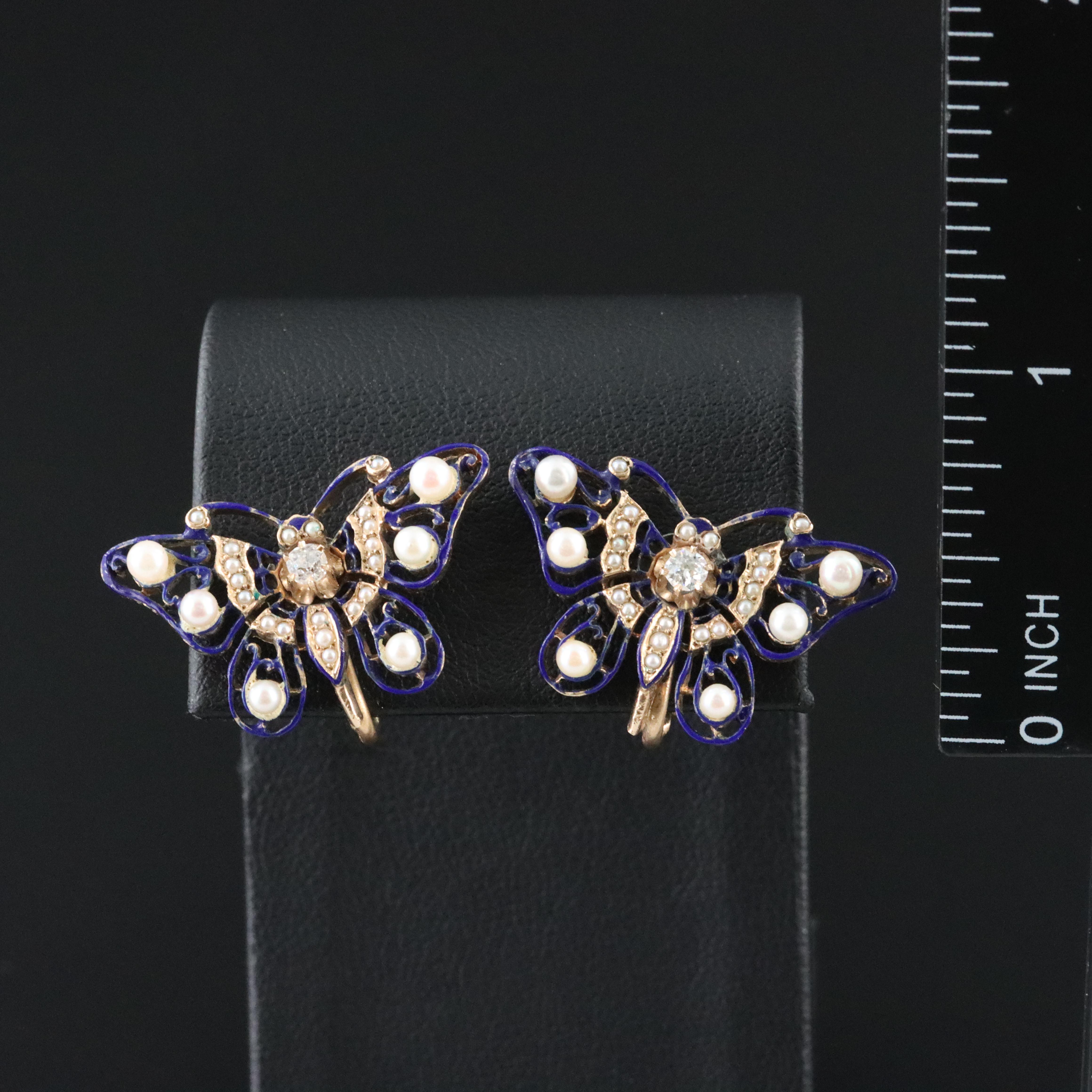 Antique 14K Diamond, Pearl and Enamel Butterfly Earrings